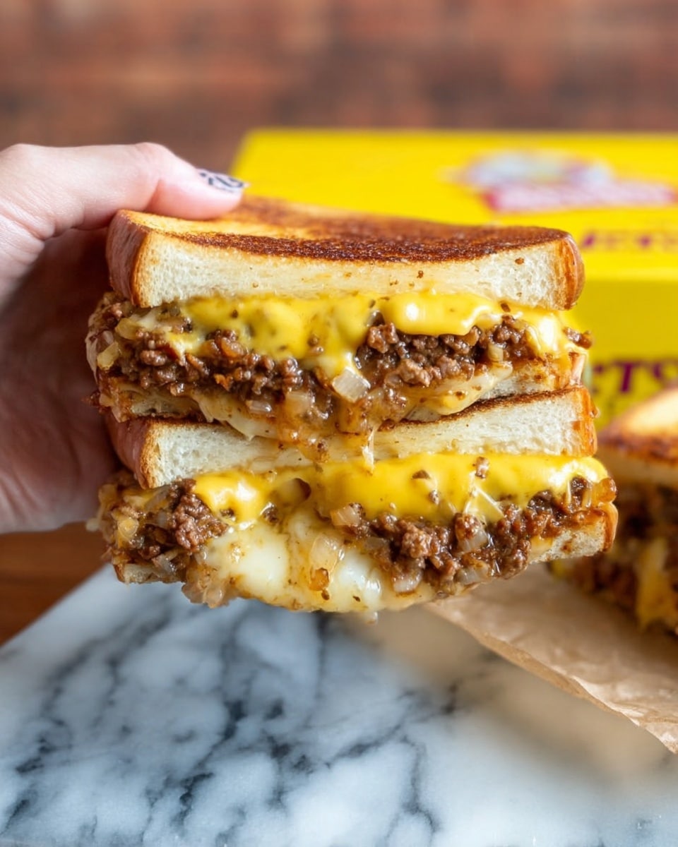 A close-up of a sandwich held by a woman's hand shows two thick slices of toasted golden-brown bread with a crispy texture. Between the slices is one layer of melted yellow cheese that drapes over a thick, chunky layer of browned cooked meat mixed with finely chopped onions, all oozing slightly from the sides. The background features a blurred yellow box and white marbled surface underneath. photo taken with an iphone --ar 4:5 --v 7