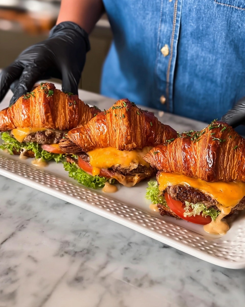 Three croissant sandwiches lie side by side on a long white plate with a dotted edge, placed on a white marbled surface. Each sandwich has a shiny, golden-brown croissant top sprinkled with green herbs. Underneath the croissant, there is a layer of melted orange cheddar cheese on a juicy brown beef patty, with a creamy light brown sauce dripping slightly over the sides. Beneath the patty, bright green lettuce and a red tomato slice peek out at the bottom. A woman’s hands wearing black gloves adjust the sandwiches, and the person is wearing a blue denim shirt. Photo taken with an iphone --ar 4:5 --v 7