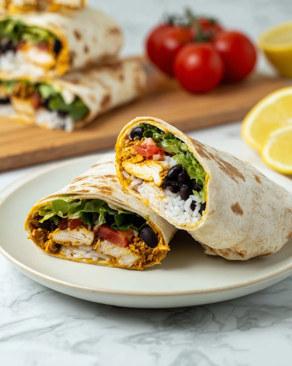 A grilled wrap with a lightly browned and slightly charred white tortilla folded tightly around several layers: dark green leafy lettuce, red diced tomatoes, and golden-brown grilled chicken pieces with char marks. A creamy, light tan sauce is drizzled on top of the chicken and greens. The wrap sits on a black plate placed on a white marbled surface with a lime wedge and green herb on the side, and blurred bowls in the background. Photo taken with an iphone --ar 4:5 --v 7