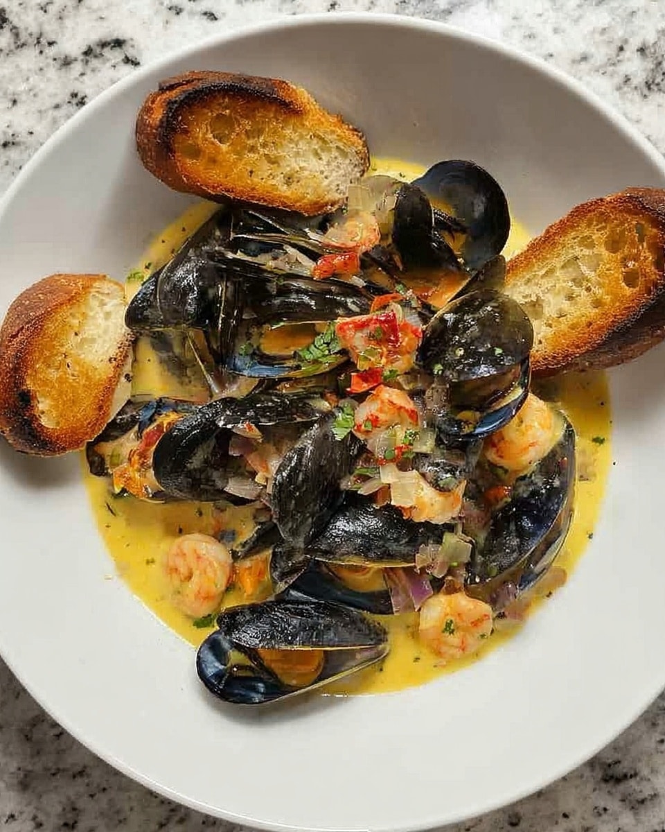 A white plate holds a dish of black mussels opened to show the orange inside, sitting in light yellow creamy sauce with bits of white onion and pink shrimp scattered on top and mixed in. Four pieces of toasted golden brown bread are placed around the edges of the plate, slightly resting on the sauce. The plate is set on a white marbled textured surface. Photo taken with an iphone --ar 4:5 --v 7