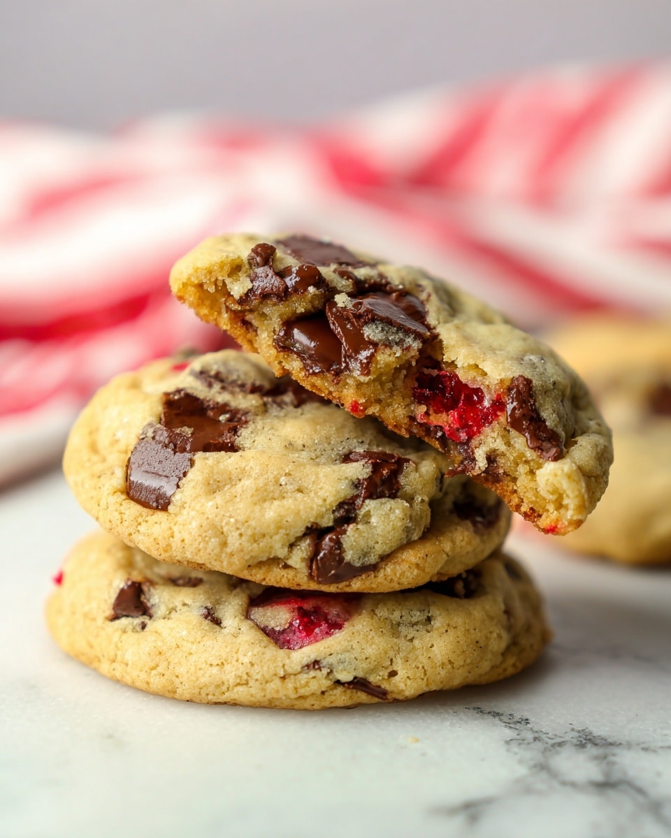 Six cookies rest on a white marbled surface, each round with uneven edges and a soft, slightly golden texture. The cookies have embedded dark chocolate chips and bright red pieces of cherries scattered throughout, giving them a colorful contrast. The surface looks soft but slightly firm around the edges, with the red cherry pieces slightly shiny and standing out well against the beige cookie dough. A purple and white cloth with a striped border is partially visible at the top, adding a cozy touch. photo taken with an iphone --ar 4:5 --v 7