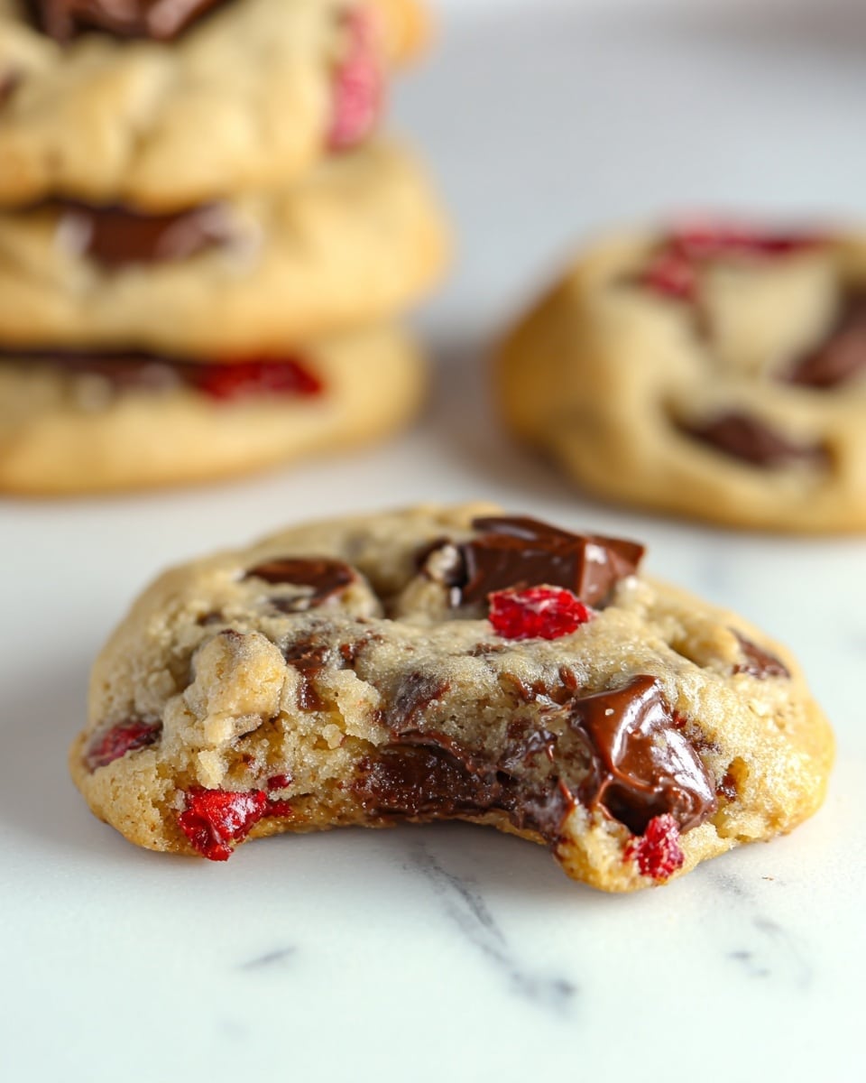 A stack of three light golden brown cookies sits on a white marbled surface, with the top cookie leaning against the stack, showing its soft, slightly crumbly inside. The cookies are filled with dark brown chocolate chunks and bright red cherry pieces, which peek through the dough, adding a pop of color and texture. In the background, a blurred red and white striped cloth adds a soft contrast to the scene. The photo taken with an iphone --ar 4:5 --v 7