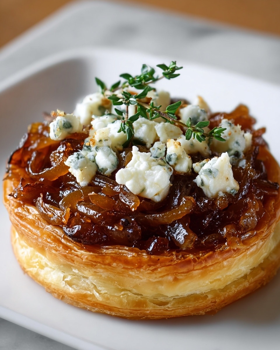 A small round tart with a golden, crispy puff pastry base forms the bottom layer, showing clear, flaky texture. On top sits a thick layer of glazed caramelized onions that are a rich, deep brown with some shiny highlights. Scattered over the onions are small chunks of soft, crumbly white cheese with flecks of green herbs. Fresh green thyme sprigs are placed on top as garnish, adding a touch of color contrast. The tart rests on a white plate against a white marbled background. Photo taken with an iphone --ar 4:5 --v 7