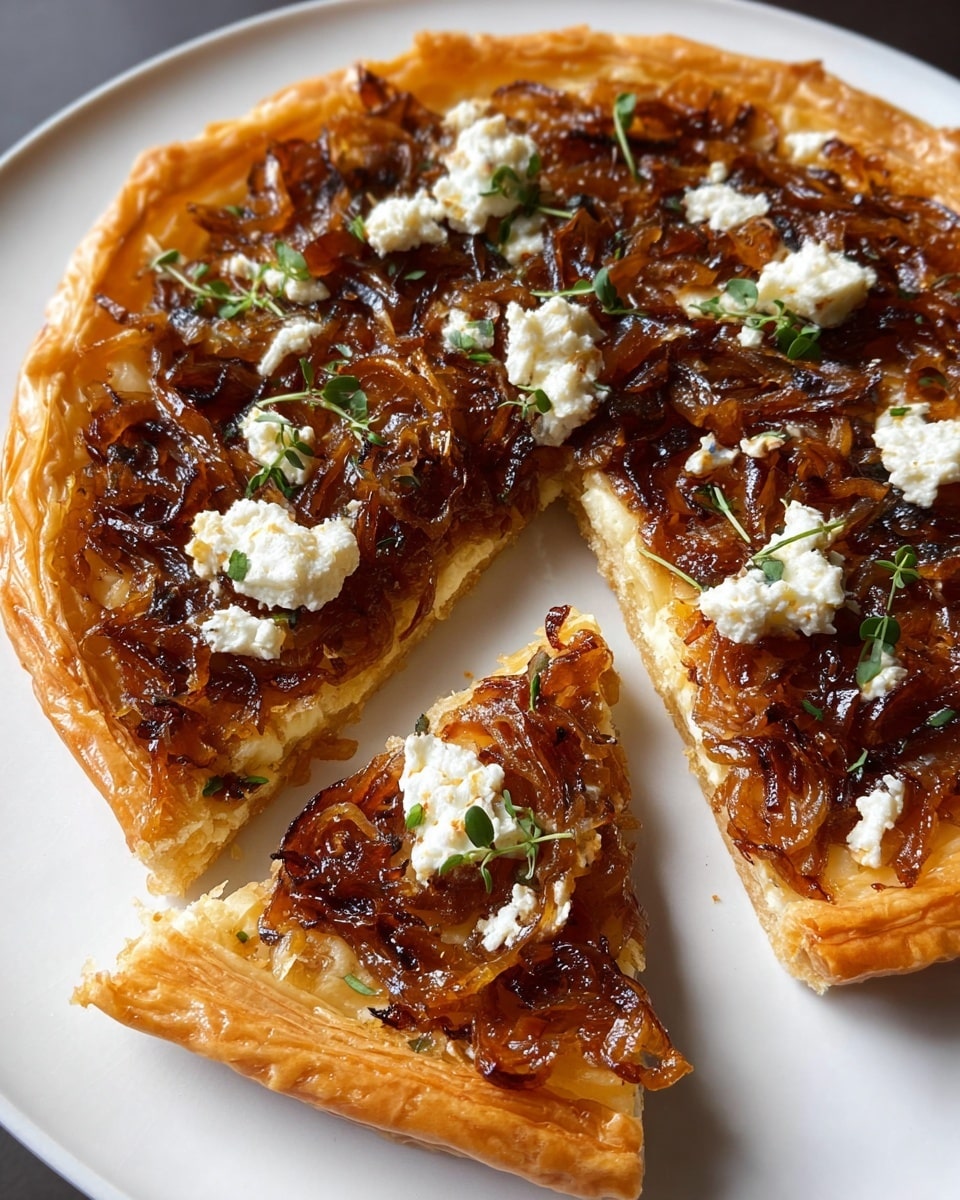 A white plate holds a round tart with a golden puff pastry crust that is thick and flaky, forming the base layer. On top is a thick layer of caramelized onions, dark amber in color with a shiny, slightly sticky texture, evenly spread across the tart. Small white dollops of creamy cheese are scattered across the onions, adding contrast and texture. Tiny green sprigs of fresh herbs are sprinkled lightly on top, giving a fresh touch. One slice is partially pulled out, revealing the crisp layers of pastry underneath the rich onion topping. The whole scene is set on a white marbled surface. Photo taken with an iphone --ar 4:5 --v 7