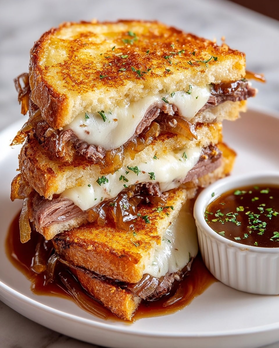 A toasted sandwich cut in half and stacked, showing three main layers inside each half: the top and bottom are golden toasted thick white bread slices with crispy edges; inside there is a layer of melted white cheese that is smooth and creamy, dripping slightly; below the cheese are thin slices of brown cooked meat with a tender texture; under the meat is a layer of caramelized onions that look soft and shiny with a dark amber color; the sandwich halves rest on a white plate next to a small white ramekin filled with a dark brown dipping sauce garnished with green herbs, all set on a white marbled surface. photo taken with an iphone --ar 4:5 --v 7