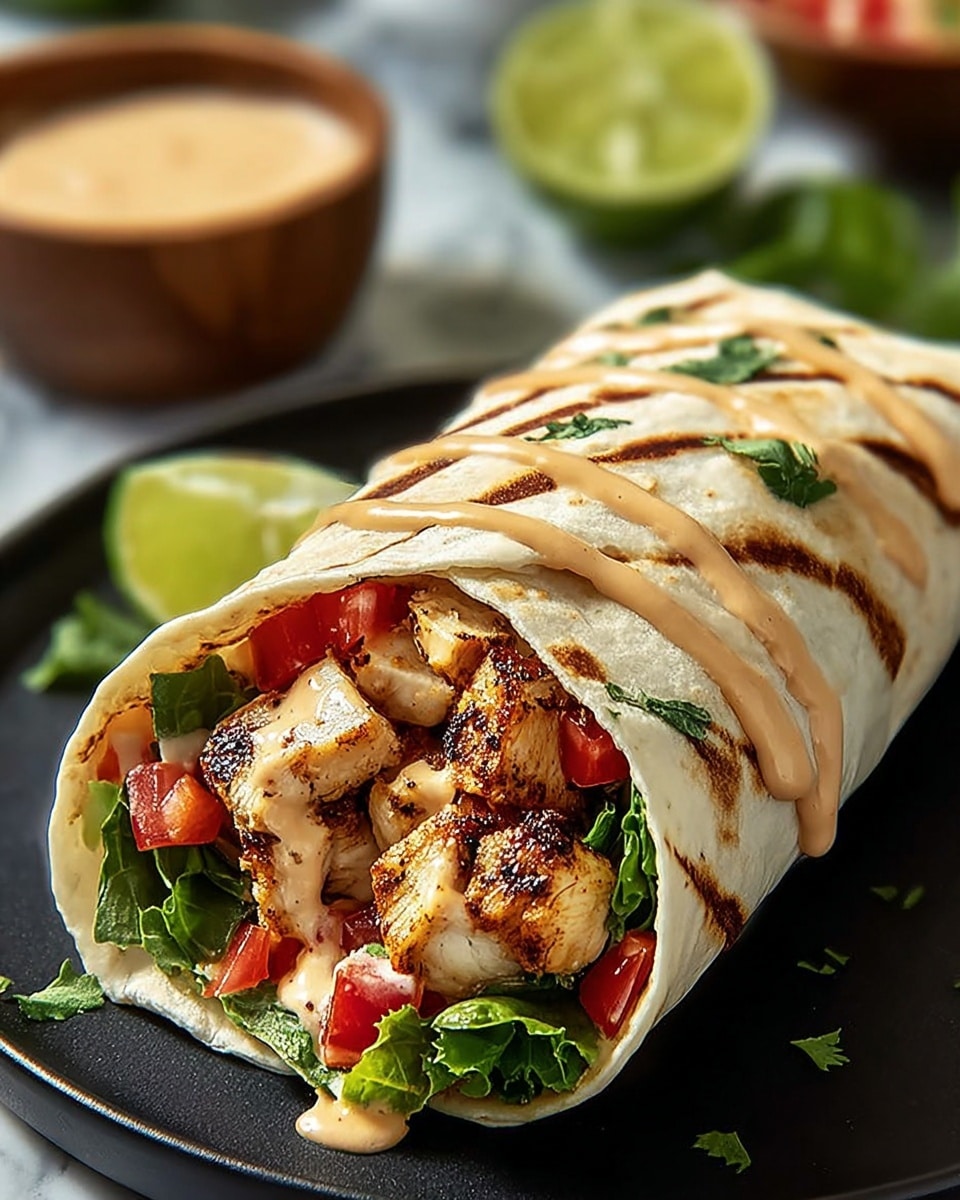 The image shows two well-toasted wraps stacked on top of each other on a white marbled surface. Each wrap is filled with several layers: a soft, light brown tortilla outer layer with dark toasted spots; inside, chunks of cooked white meat mixed with diced red tomatoes; a layer of chunky green guacamole; a bit of orange sauce; and small pieces of purple onion. The wraps are garnished with fresh green cilantro leaves scattered inside and on top. Photo taken with an iphone --ar 4:5 --v 7