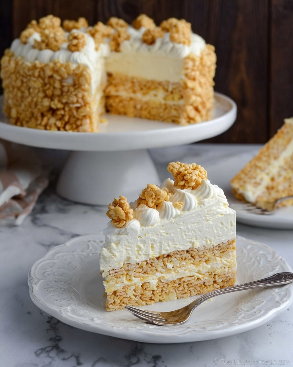 A slice of a cake sits on a white ornate plate with a silver fork next to it, placed on a white marbled surface. The cake has three visible layers: the bottom and sides are made of light golden crispy cereal pieces pressed together, the middle layer is thick and creamy white, and the top is decorated with dollops of whipped cream and clusters of the same crispy cereal pieces. In the background, the rest of the cake stands on a white cake stand, showing its round shape and similar layer structure, with a visible triangular piece removed. The surface behind the cake is dark wood, contrasting with the white marbled countertop. Photo taken with an iphone --ar 4:5 --v 7
