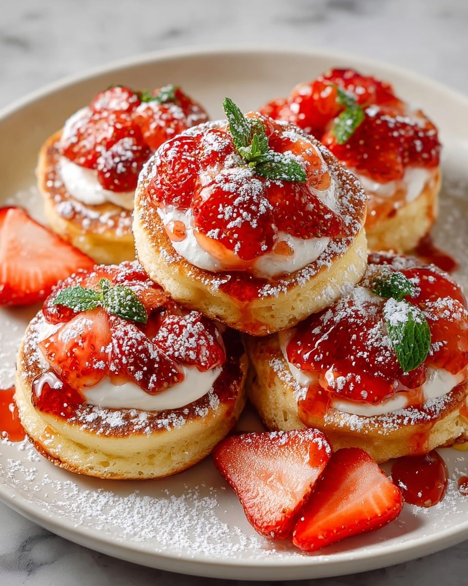 The image shows a white plate full of small, thick golden pancakes. Each pancake has one layer of white cream on top, followed by a bright red strawberry with green leaves. Some pancakes have strawberry syrup dripping down the sides, adding a shiny red layer. Powdered sugar is sprinkled all over the pancakes and plate, creating a light white dusting. There are also extra slices of strawberry placed around the pancakes on the plate. The plate is set on a white marbled surface. Photo taken with an iphone --ar 4:5 --v 7