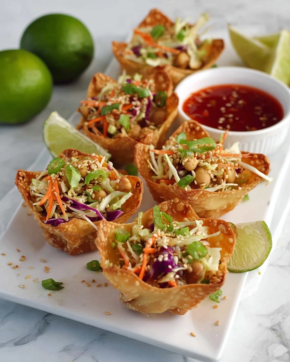Four crispy golden brown wonton cups sit arranged in a row on a large white rectangular plate with a white marbled surface beneath. Each cup is filled with a colorful mix of shredded cabbage in white and purple, thin orange carrot strips, and small beans, topped with green chopped scallions and a sprinkling of sesame seeds. To the side of the plate is a quarter lime wedge and a small white round bowl filled with red dipping sauce. In the background are two whole green limes, one of them halved. photo taken with an iphone --ar 4:5 --v 7