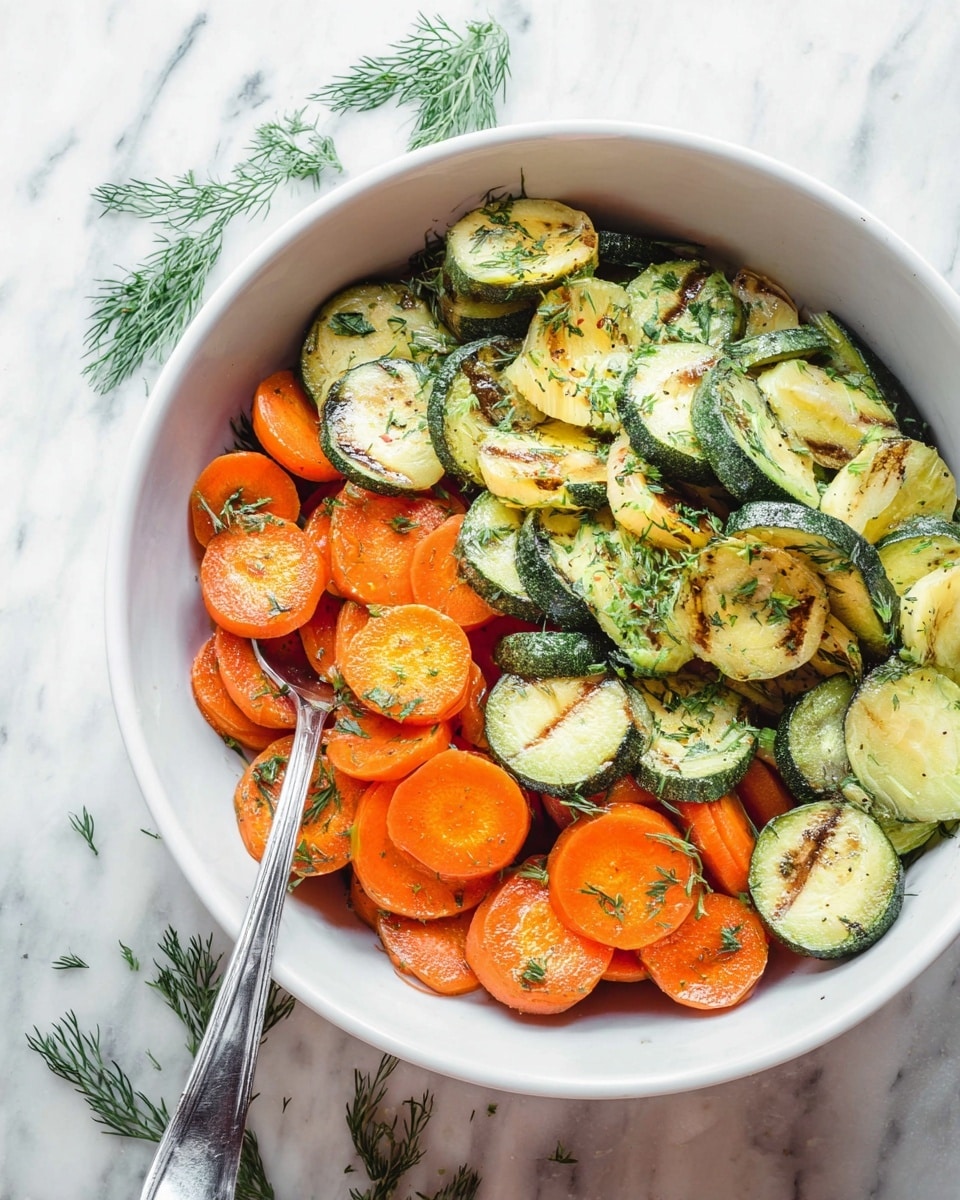 A white bowl holds a mix of cooked carrot and zucchini slices. The bottom layer shows bright orange carrot rounds with a smooth texture, partly covered by a top layer of green and light yellow zucchini slices, some with a grill char pattern. Both vegetables are sprinkled with small green herb pieces. A silver spoon rests inside the bowl, and sprigs of fresh dill lay around the bowl on a white marbled surface. photo taken with an iphone --ar 4:5 --v 7