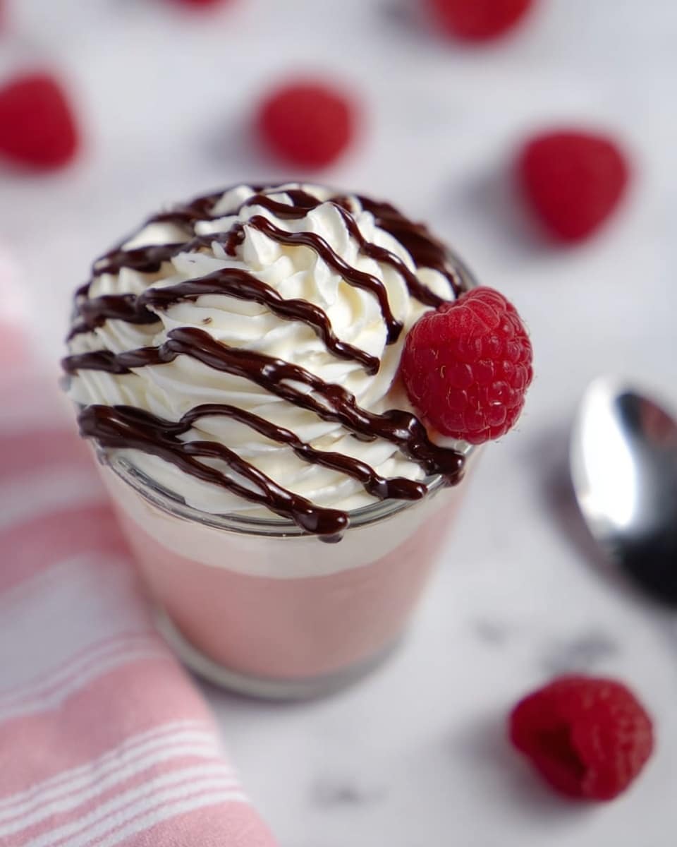 A dessert served in a clear glass cup shows three visible layers: the bottom layer is a smooth light pink mousse, the middle layer is a thick white cream providing contrast, and the top layer is a large swirl of white whipped cream. The whipped cream is drizzled with thin lines of dark chocolate sauce, and a single bright red raspberry sits on one side of the whipped cream. In the background, several blurred raspberries are scattered, all placed on a white marbled surface with a soft pink and white striped cloth partially visible next to a shiny silver spoon. photo taken with an iphone --ar 4:5 --v 7