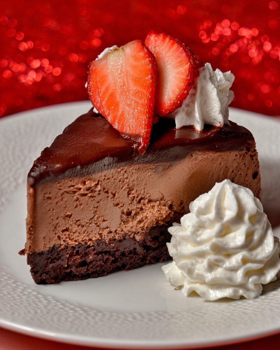 A thick slice of chocolate cake sits on a white plate with a slightly patterned edge, resting on a white marbled surface. The cake has three visible layers: the bottom layer is a dark, dense crust; the middle layer is a fluffy, light brown chocolate mousse with a soft texture; and the top layer is glossy, dark chocolate ganache decorated with two fresh strawberry halves—one upright showing its red, textured seeds, and the other lying flat with a lighter red slice facing up. Next to the cake slice is a large, fluffy dollop of white whipped cream with soft swirls. The photo has bright lighting and a warm red background glow. photo taken with an iphone --ar 4:5 --v 7