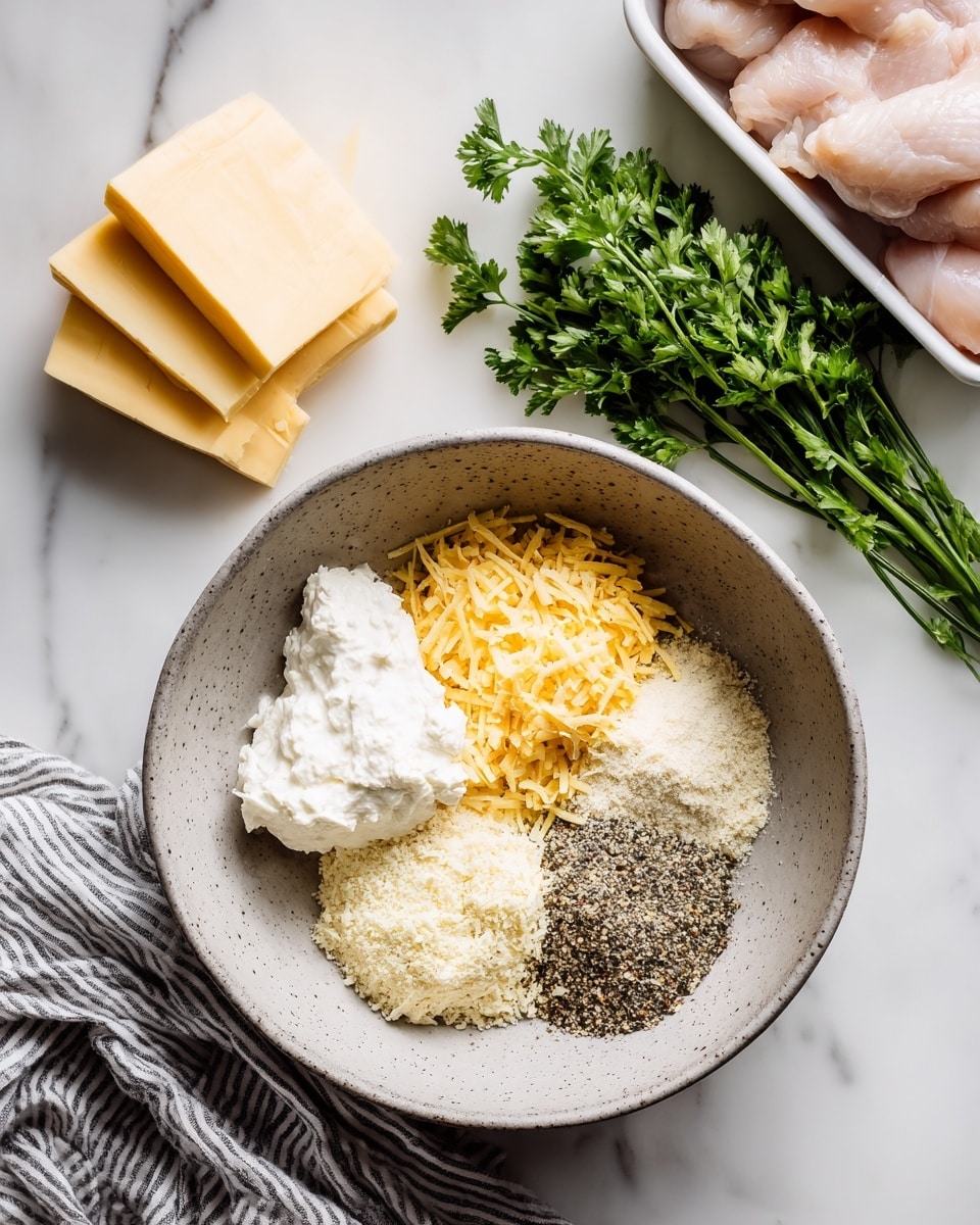 A light gray speckled mixing bowl sits on a white marbled surface, containing four main layers of ingredients separated but close to each other: a smooth white thick layer of cream cheese, a mound of fine light yellow grated cheese, a pile of coarse black pepper, and a small heap of beige garlic powder with some white salt mixed in. To the left of the bowl, there are five square slices of pale yellow cheese stacked neatly, while a bright green bunch of fresh parsley rests above them. On the top right side of the image, a white rectangular tray holds three raw pale pink chicken pieces. A striped white and black cloth is partially underneath the mixing bowl. Photo taken with an iphone --ar 4:5 --v 7