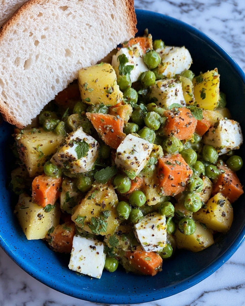 The image shows a black frying pan on a stove filled with cooked green peas and yellow potato wedges. The green peas are small, round, and bright, covering most of the pan's surface. The potato wedges are thick, yellow with small brown spots where they have been cooked, scattered evenly among the peas. Small bits of herbs or spices are mixed throughout the food, giving texture and color. A wooden spatula held by a woman's hand is partially visible on the right side, stirring the food. The background and surface are a white marbled texture. Photo taken with an iphone --ar 4:5 --v 7