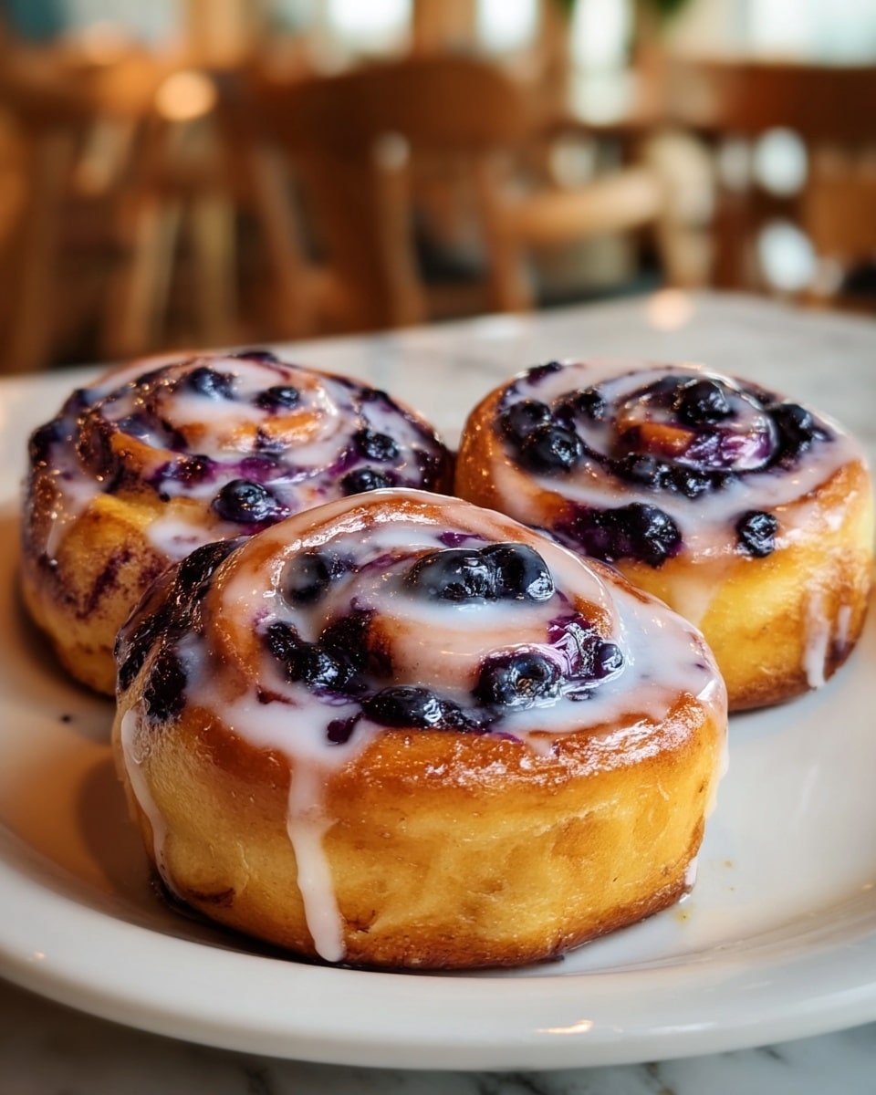 The image shows three blueberry sweet rolls arranged close to each other on a white plate. Each roll has several layers of soft, golden brown dough spiraled with dark purple blueberries baked inside. The rolls are topped with a shiny layer of white glaze drizzled over the swirls and blueberries, some glaze dripping slightly down the sides. The plate is placed on a surface with a white marbled texture. The background is softly blurred, showing hints of wooden chairs and soft lighting, giving a cozy feel. photo taken with an iphone --ar 4:5 --v 7