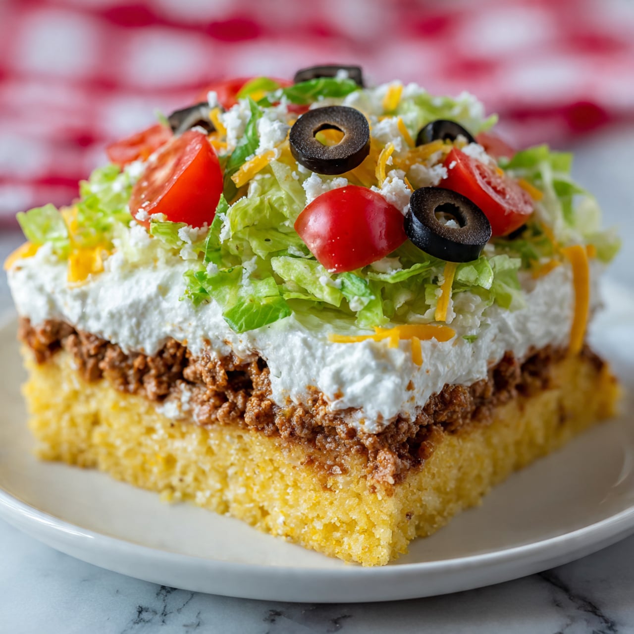 The image shows a square piece of layered taco casserole on a white plate against a red and white checkered cloth background replaced by white marble texture. The bottom layer is a soft, yellow cornbread mixed with cooked ground beef, showing a crumbly texture. Above it is a thick, creamy white layer that looks like sour cream or cream cheese spread evenly. On top of this creamy layer is a fresh topping with shredded green lettuce, small halved red cherry tomatoes, sliced black olives, and a light sprinkle of shredded yellow and white cheese. The layers are clear and thick, showing a mix of soft, creamy, and crunchy textures. Photo taken with an iphone --ar 4:5 --v 7