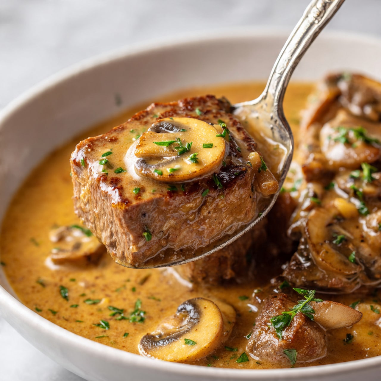 A close-up view of a silver spoon holding a slice of brown cooked meat covered in a thick, smooth light brown sauce with visible slices of pale yellow mushrooms on top. Small green herb pieces are scattered on the meat and sauce, adding a touch of color. The background shows more of the creamy sauce in a white bowl, resting on a white marbled surface. The textures highlight the soft, moist meat and the glossy sauce blending smoothly with the mushrooms. photo taken with an iphone --ar 4:5 --v 7