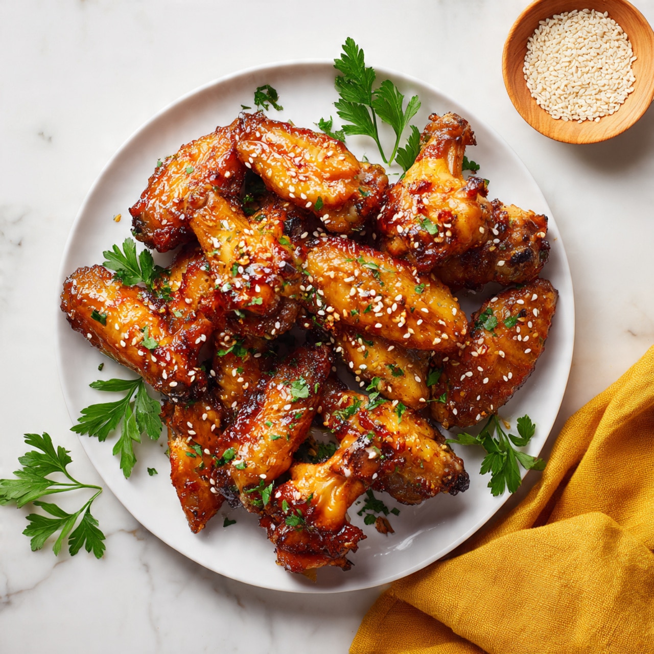 A white plate is full of shiny, golden-brown cooked chicken wings covered with glaze and small white sesame seeds. There are green parsley leaves scattered on top of the wings and around the plate. To the top right of the plate, there is a small bowl filled with white sesame seeds. The plate sits on a white marbled surface with a mustard yellow cloth napkin on the bottom right corner. The overall image shows a bright and clean setting. photo taken with an iphone --ar 4:5 --v 7