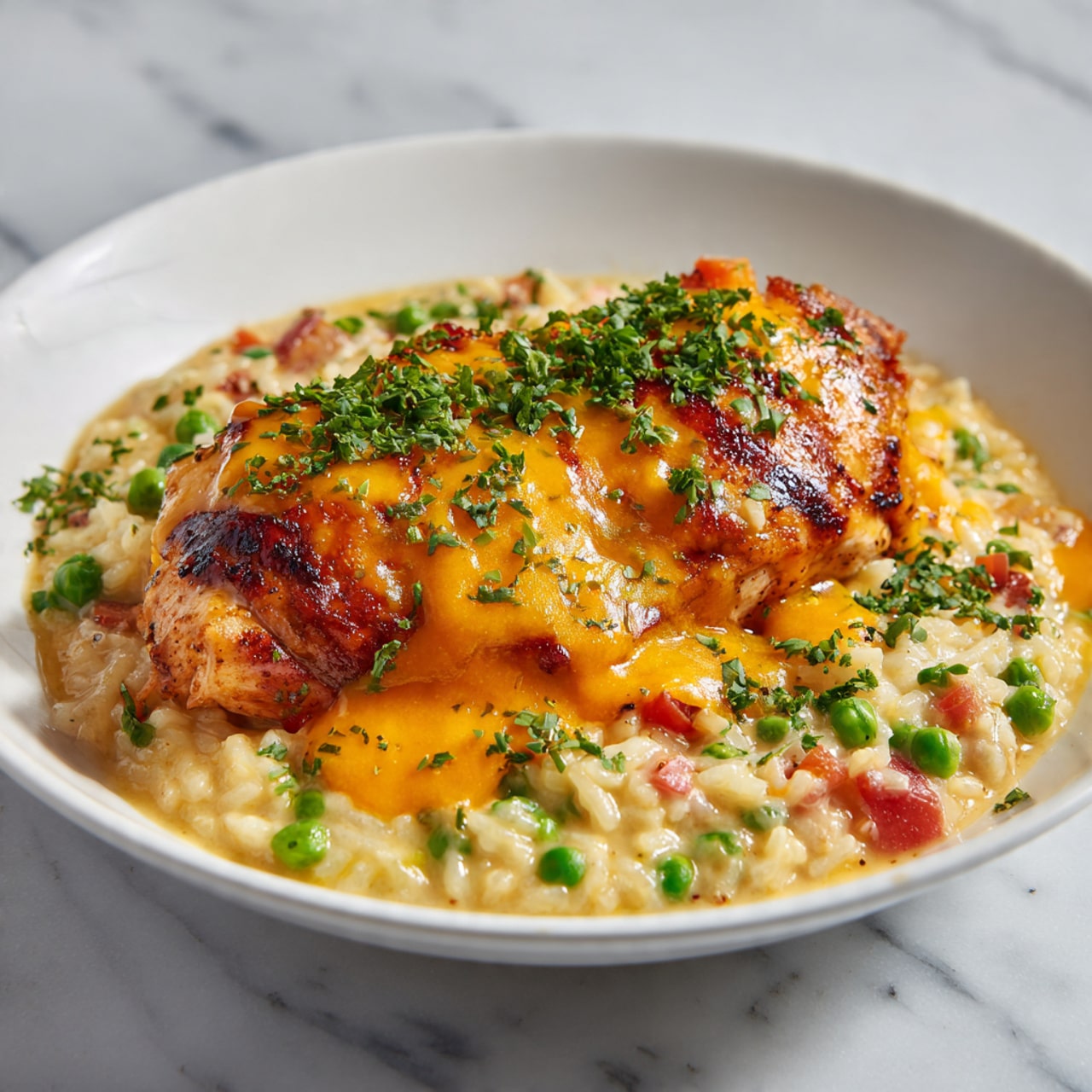 The dish is served in a white bowl and features a bed of creamy rice mixed with small green peas and diced red tomatoes, creating a soft-textured, pale golden base with colorful specks throughout. On top lies a thick, golden-brown grilled piece of chicken, covered with melted bright orange cheddar cheese that drapes over the edges. The dish is garnished with chopped green herbs sprinkled across the chicken and around the rice, adding fresh color contrast. The bowl sits on a white marbled surface, and the photo has bright natural lighting, showing the textures clearly. photo taken with an iphone --ar 4:5 --v 7