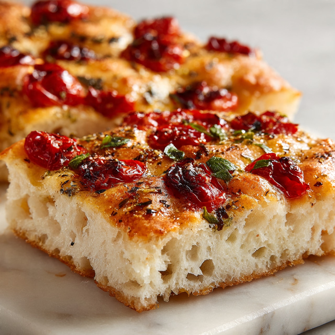 The image shows a freshly baked focaccia bread resting on a black cooling rack over a white marbled surface. The bread has a golden brown crust with shiny, slightly raised bubbles that create an uneven texture across its single thick layer. Scattered on top are small pieces of coarse salt and sprigs of green rosemary, adding a touch of roughness and contrast to the smooth, glossy bread surface. The edges are rounded and look crisp, while the inside appears soft and airy. Photo taken with an iphone --ar 4:5 --v 7