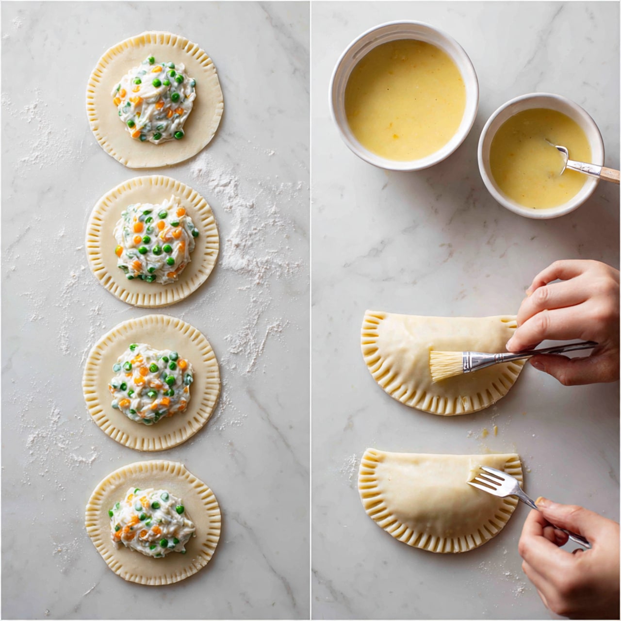 The image shows two side-by-side scenes of making hand pies on a white marbled surface. On the left side, there are three round dough circles spaced out, each with a creamy filling of white sauce mixed with green peas and small orange pieces placed in the center. A woman's hand brushes yellow egg wash around the edges of the middle dough circle with a small brush, and next to the dough is a white bowl filled with yellow egg wash. On the right side, three half-moon shaped hand pies are placed on the surface, sealed by pressing edges with a fork held by a woman's hand, with the same white bowl of yellow egg wash near the top right corner. The dough looks soft and smooth with a light beige color, and the filling visible only in the left image is thick and creamy. photo taken with an iphone --ar 4:5 --v 7