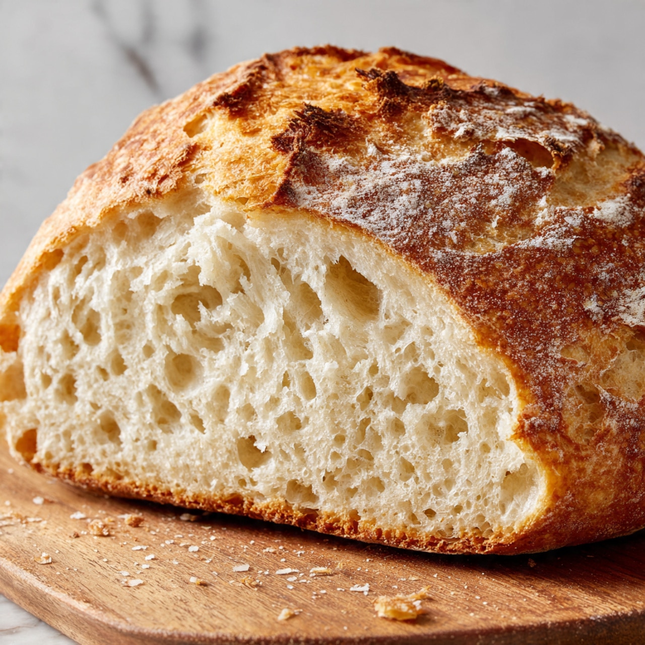 A close-up image of a half loaf of bread placed on a wooden cutting board on a white marbled surface. The bread has a golden brown crust with some darker toasted spots and a light dusting of flour on top. The inside of the bread reveals a soft, airy texture with many uneven air pockets creating a light cream color. The crust looks crisp and slightly cracked, contrasting with the fluffy interior. Small crumbs are scattered lightly on the wooden board near the bread. photo taken with an iphone --ar 4:5 --v 7