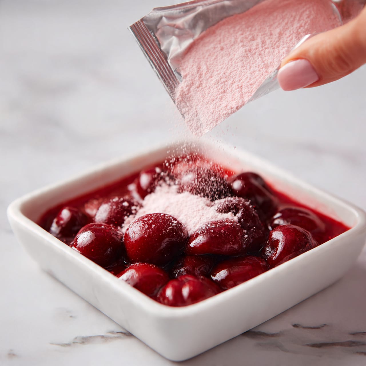 A white square dish is filled with a bright red cherry mixture with visible whole cherries and a thick sauce. Above the dish, a woman's hand is pouring a layer of light pink powder over the cherries, creating a fine dusting effect as the powder falls from a packet. The background is a white marbled surface. photo taken with an iphone --ar 4:5 --v 7