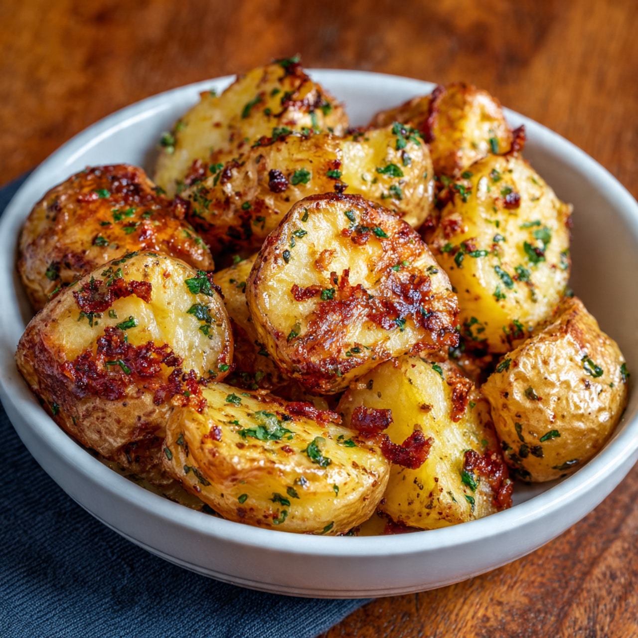 A white plate holds a pile of halved roasted potatoes with golden-brown, crispy skins and soft yellow insides. The potatoes are sprinkled with finely chopped green parsley and a light dusting of grated white cheese, which adds a delicate texture on top. The potato skins show some charred spots for a rustic look, and small bits of seasoning are visible on the surface. The plate is placed on a white marbled surface. photo taken with an iphone --ar 4:5 --v 7