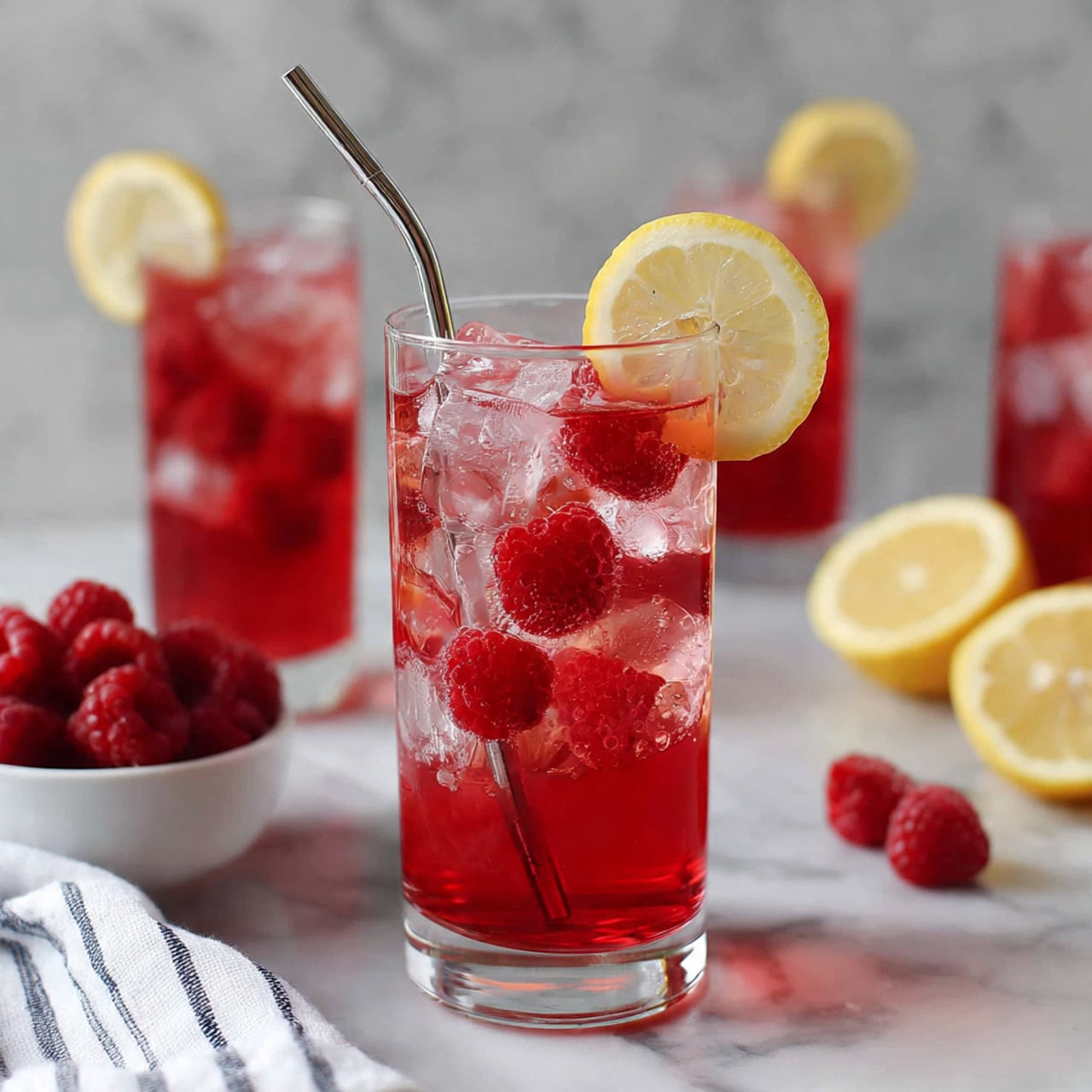 A tall clear glass filled with a bright red drink, showing layers of ice cubes and fresh raspberries inside. On the rim of the glass, there is a thin, round slice of lemon with bright yellow peel and pale inside. A metal straw sticks out from the glass, leaning slightly to the left. In the background, there are similar red drinks in clear glasses with lemon slices and a small white bowl filled with more raspberries on a white marbled surface. A white and navy striped cloth is partially visible near the front left. The whole scene looks fresh and colorful. photo taken with an iphone --ar 4:5 --v 7