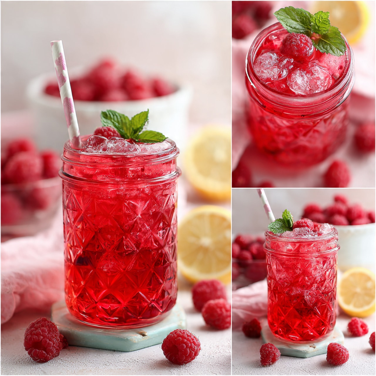 The image shows four square sections arranged in a grid on a white marbled surface. The top left section has a clear glass measuring cup with dark brown tea and four tea bags soaking inside it, with some strings hanging over the edge. The top right section is a close view of the same glass cup filled with dark brown tea, over which there is a silver measuring spoon filled with white granulated sugar held above the surface. The bottom left section shows a stainless steel pot filled with bright red raspberries covered in water. The bottom right section has a close-up of a stainless steel sieve over the glass measuring cup containing mashed red raspberries, with a few liquid bubbles visible in the fruit pulp. A white and gray striped cloth is partially visible in some sections. photo taken with an iphone --ar 4:5 --v 7