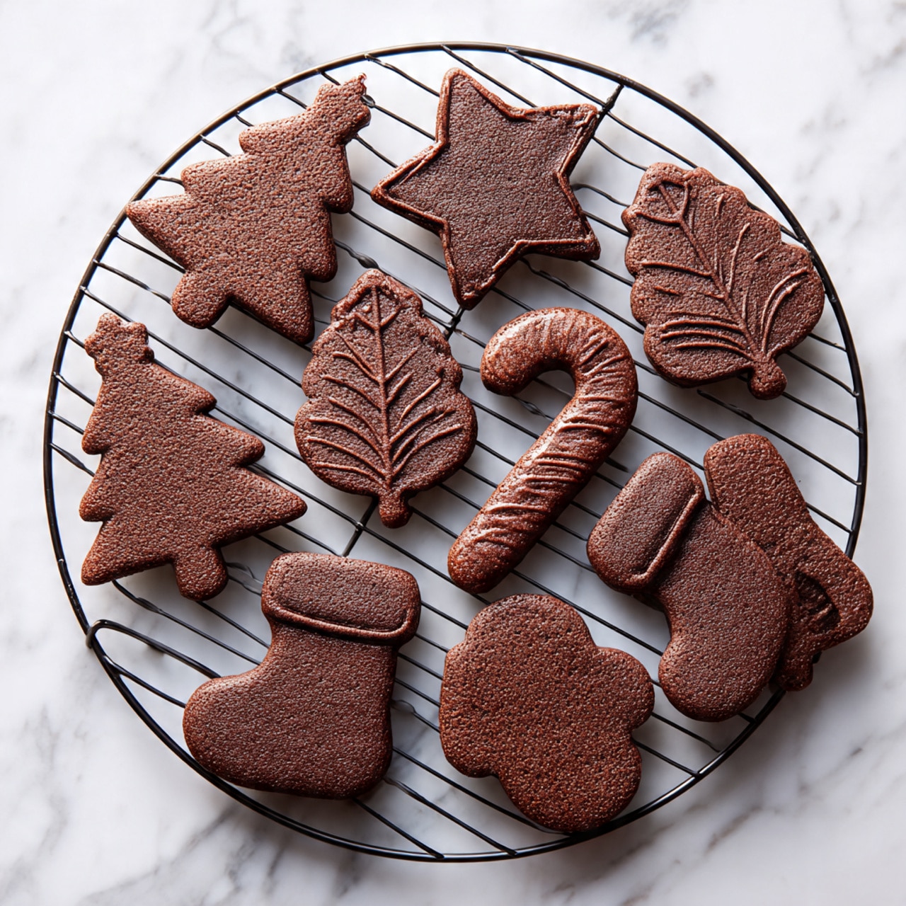 A round black wire cooling rack holds nine dark brown chocolate cookies in different shapes placed loosely on it. The cookie shapes include Christmas trees, candy canes, stockings, and mittens. The cookies have a smooth, slightly textured surface and are spaced evenly, showing their exact form clearly. The background is a white marbled texture photo taken with an iphone --ar 4:5 --v 7