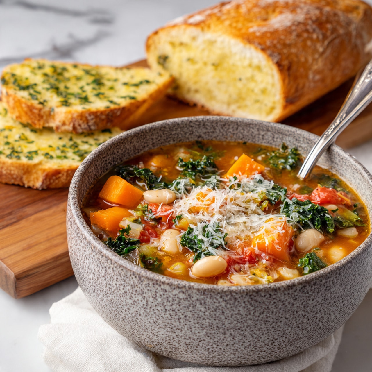 A speckled gray bowl holds a thick vegetable soup filled with visible chunks of orange carrots, white beans, green kale, and red tomato pieces in a light brown broth; the soup is topped with melted white cheese sprinkled on top, while a silver spoon stands inside the bowl on the right side. Behind the bowl, a slice of garlic bread with green herbs and a soft yellow inside rests on a white cloth, while a whole loaf of garlic bread with golden crust and green herb bits is placed on a wooden board on a white marbled surface. photo taken with an iphone --ar 4:5 --v 7