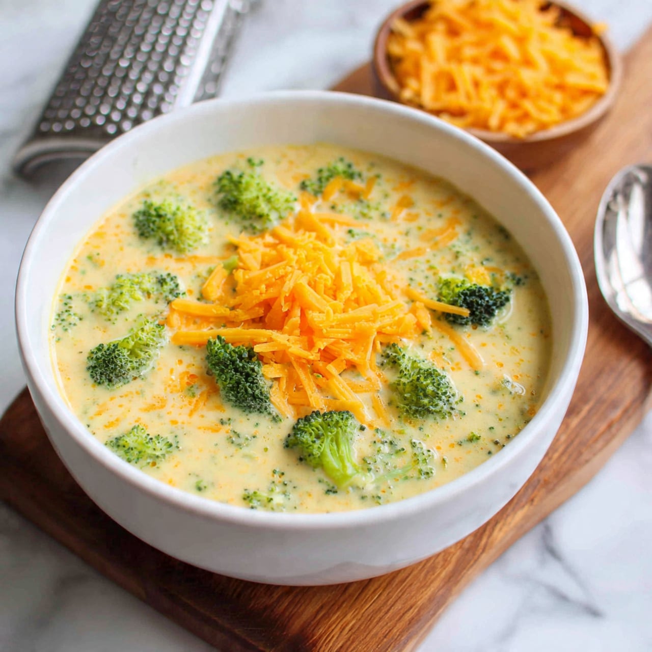 The image shows a white bowl filled with creamy, pale yellow broccoli cheese soup. Inside the soup, small vibrant green broccoli pieces are visible, scattered evenly throughout. On top, there is a small pile of bright orange shredded cheddar cheese placed neatly in the center. The bowl sits on a surface with a white marbled texture. In the background, part of another white bowl with the same soup is slightly visible along with a wooden cutting board holding a grater and some shredded cheese. A piece of light brown bread is also partially visible near the bottom right corner. The photo taken with an iphone --ar 4:5 --v 7