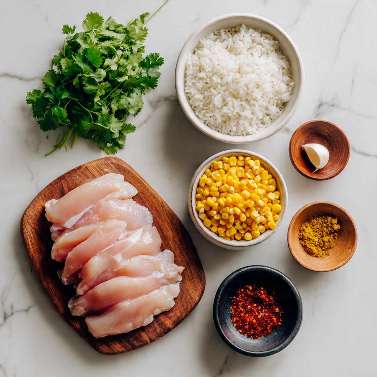 A top-down view of several ingredients arranged neatly on a white marbled surface, featuring five thick slices of raw chicken arranged in a fan shape at the bottom left. Above the chicken is a small bunch of fresh green cilantro leaves. To the right of cilantro are three bowls: one with white cooked rice in a white bowl at the top center, one with yellow corn kernels in a white bowl at the top right, and another with yellow corn kernels in a small wooden bowl below it. Below the chicken and to the right are two small black and wooden bowls holding red spices, one finely ground and the other with chili flakes. Between the spices sits a single peeled clove of garlic, placed horizontally. The wooden surface beneath the ingredients contrasts with the colors of the food. Photo taken with an iphone --ar 4:5 --v 7