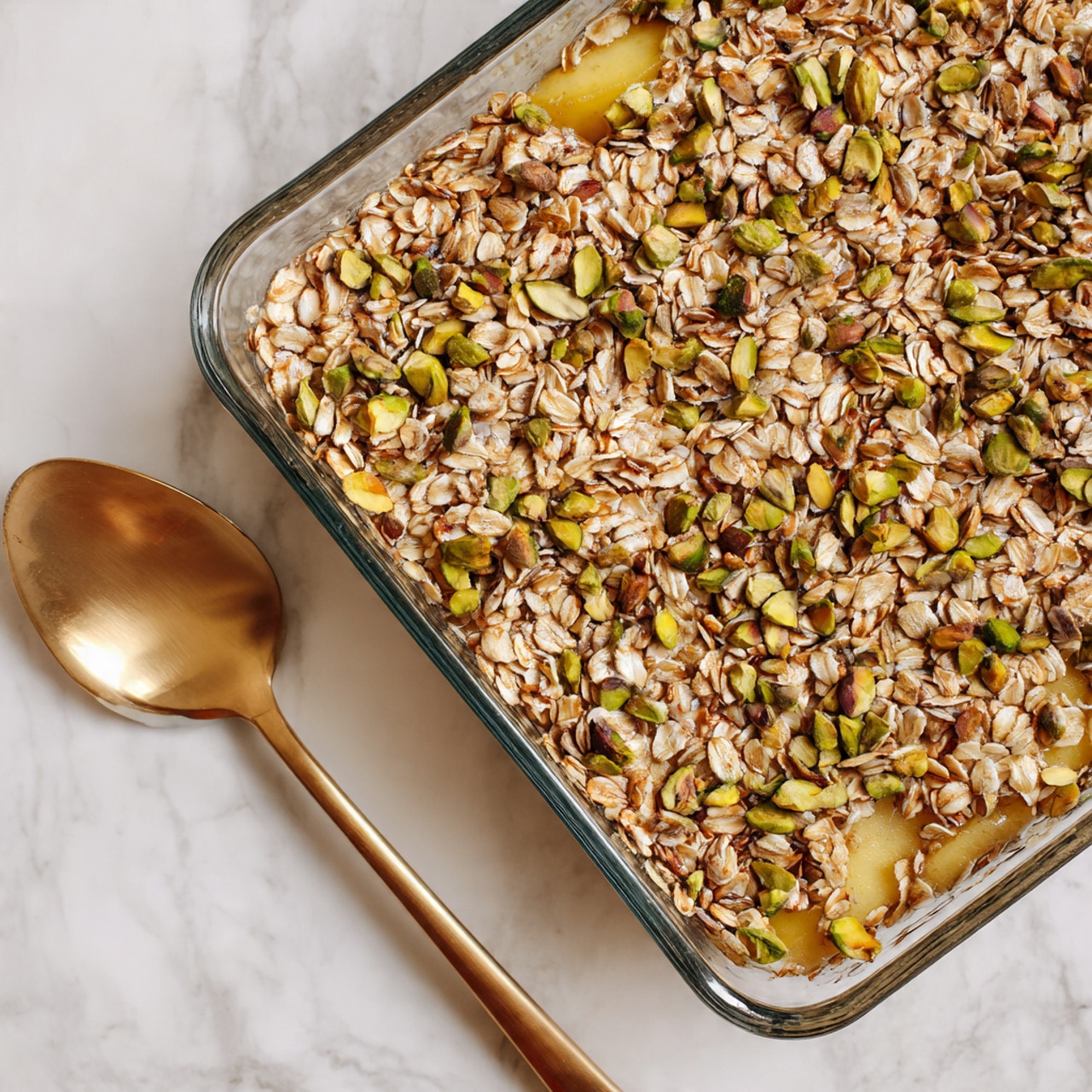 The image shows a glass baking dish filled with a layered mixture. The top layer is a thick cover of light brown rolled oats mixed with small green pistachio pieces and beige sunflower seeds. Below the oats, glimpses of pale yellow baked fruit, likely apple slices, can be seen through gaps in the oat layer. A golden spoon is placed at the bottom left corner of the dish, resting on the edge. The dish sits on a white marbled surface. photo taken with an iphone --ar 4:5 --v 7