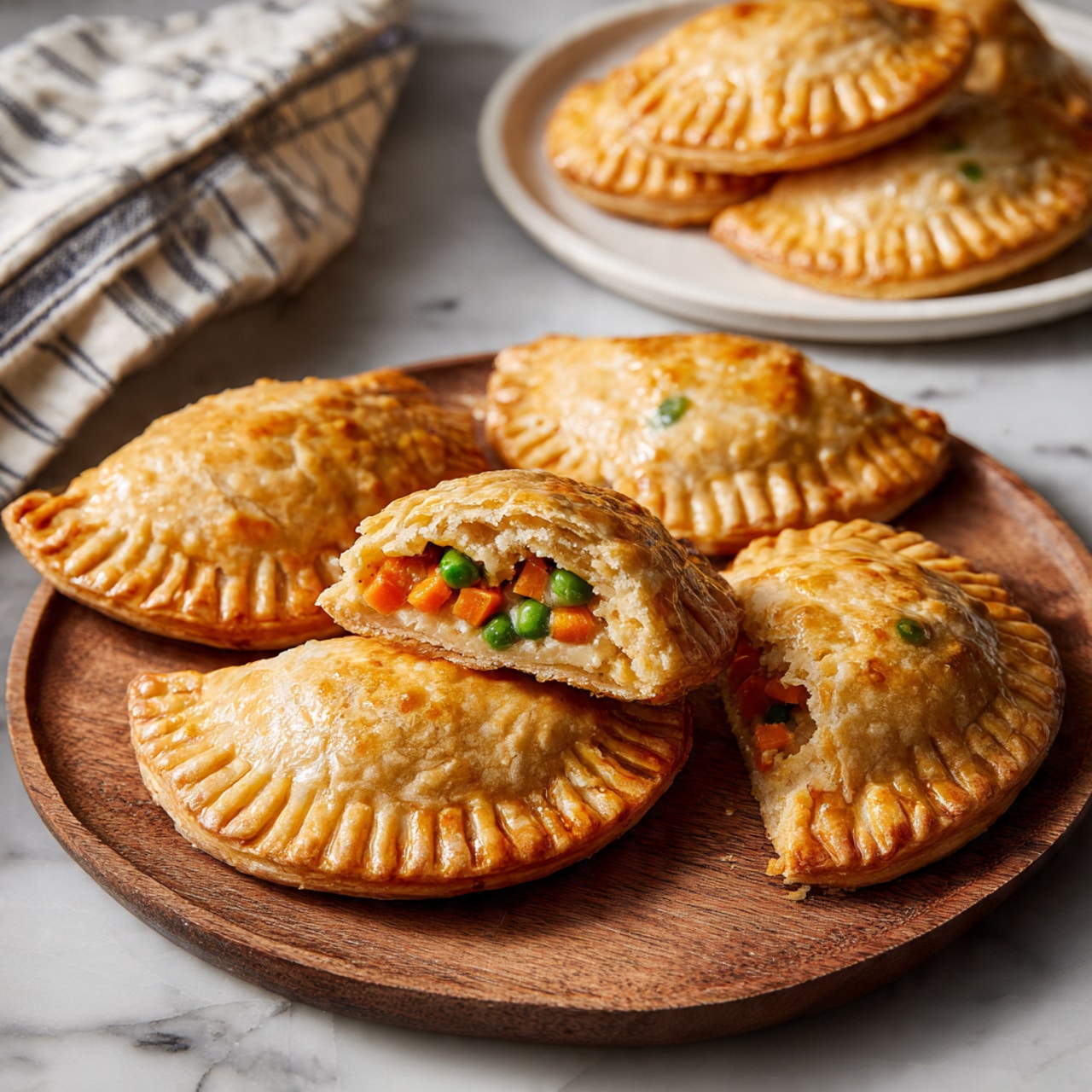 The image shows a round wooden board with several golden-brown hand pies arranged on it. One hand pie is cut open, revealing a creamy filling inside with visible chunks of orange carrot and green peas. The pies have crimped edges and a shiny, slightly textured surface. In the background, there is a white plate with additional hand pies on a white marbled surface, and a striped cloth is partially visible on the left side of the photo taken with an iphone --ar 4:5 --v 7