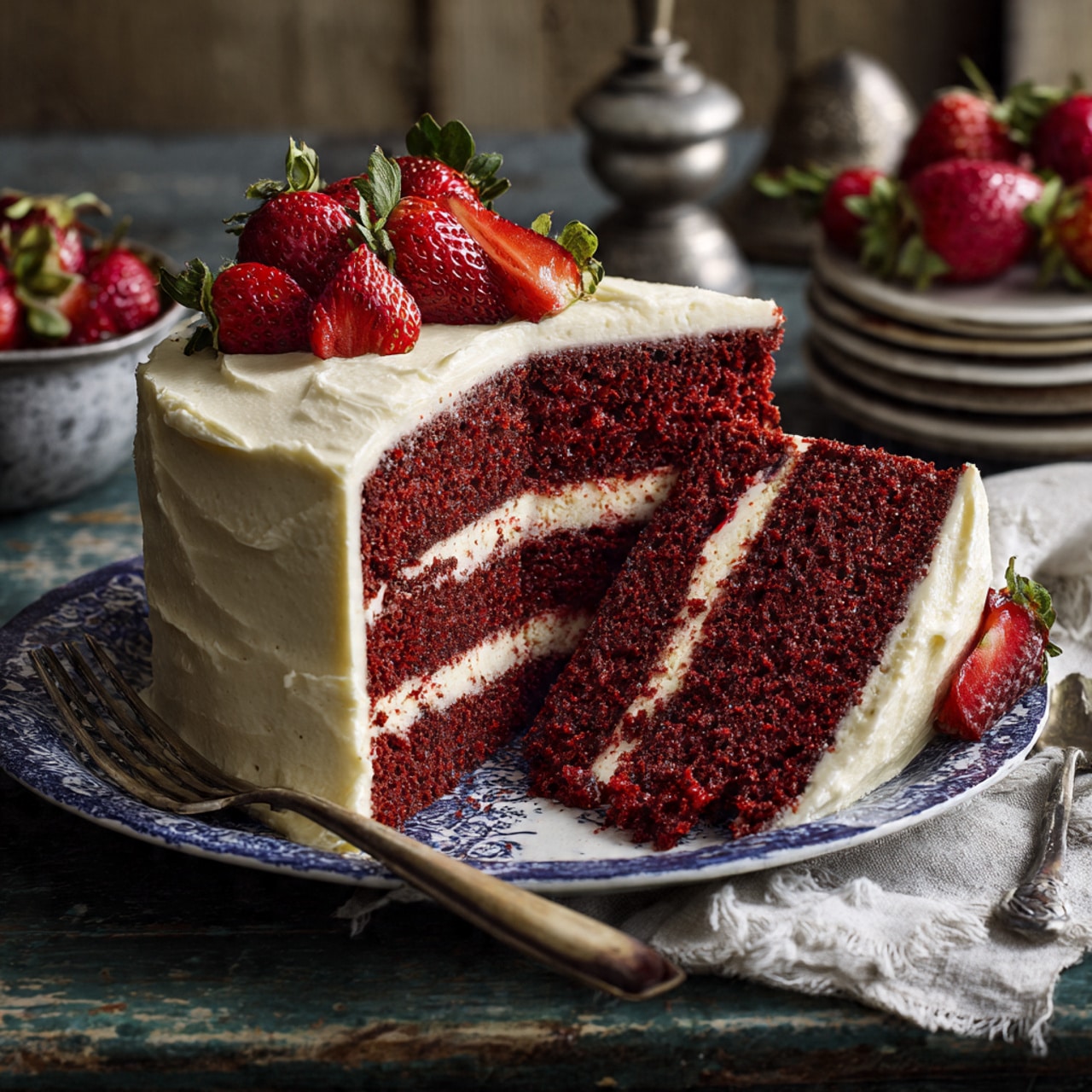 This image shows a tall, round chocolate cake with two main dark brown cake layers. Between the layers is a thick white cream layer with whole halved red strawberries aligned closely. On top of the cake is another cream layer, decorated with white cream swirls and red strawberry halves with green leaves. A single slice of the cake is placed on a white plate, showing all the layers clearly. The background is a white marbled texture, and the cake is on a white cake stand. photo taken with an iphone --ar 4:5 --v 7