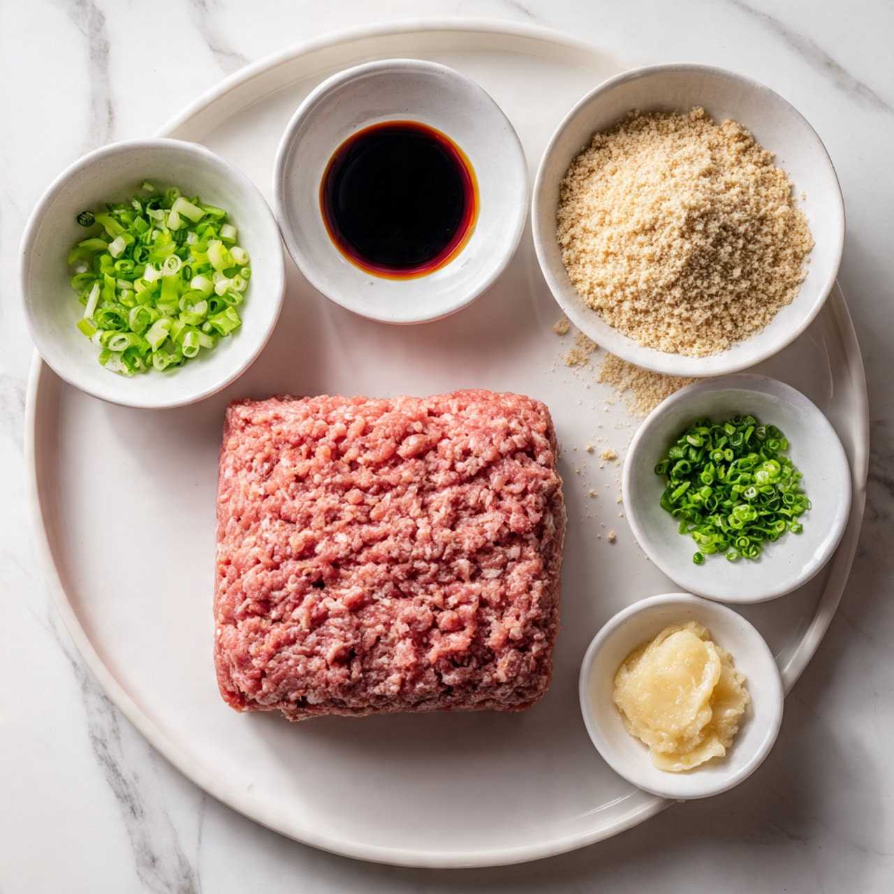 A rectangular block of raw ground meat sits centered on a white plate with a smooth, slightly shiny texture in light pink and brown shades. Around it, four small white bowls hold different ingredients: one bowl has finely chopped green onions with a fresh green color, another contains a dark soy sauce with a glossy surface, a third bowl holds a coarse beige breadcrumb mixture with green flecks, and the last bowl has a pale yellow creamy paste with a soft, grainy texture. All items rest on a white marbled surface. Photo taken with an iphone --ar 4:5 --v 7