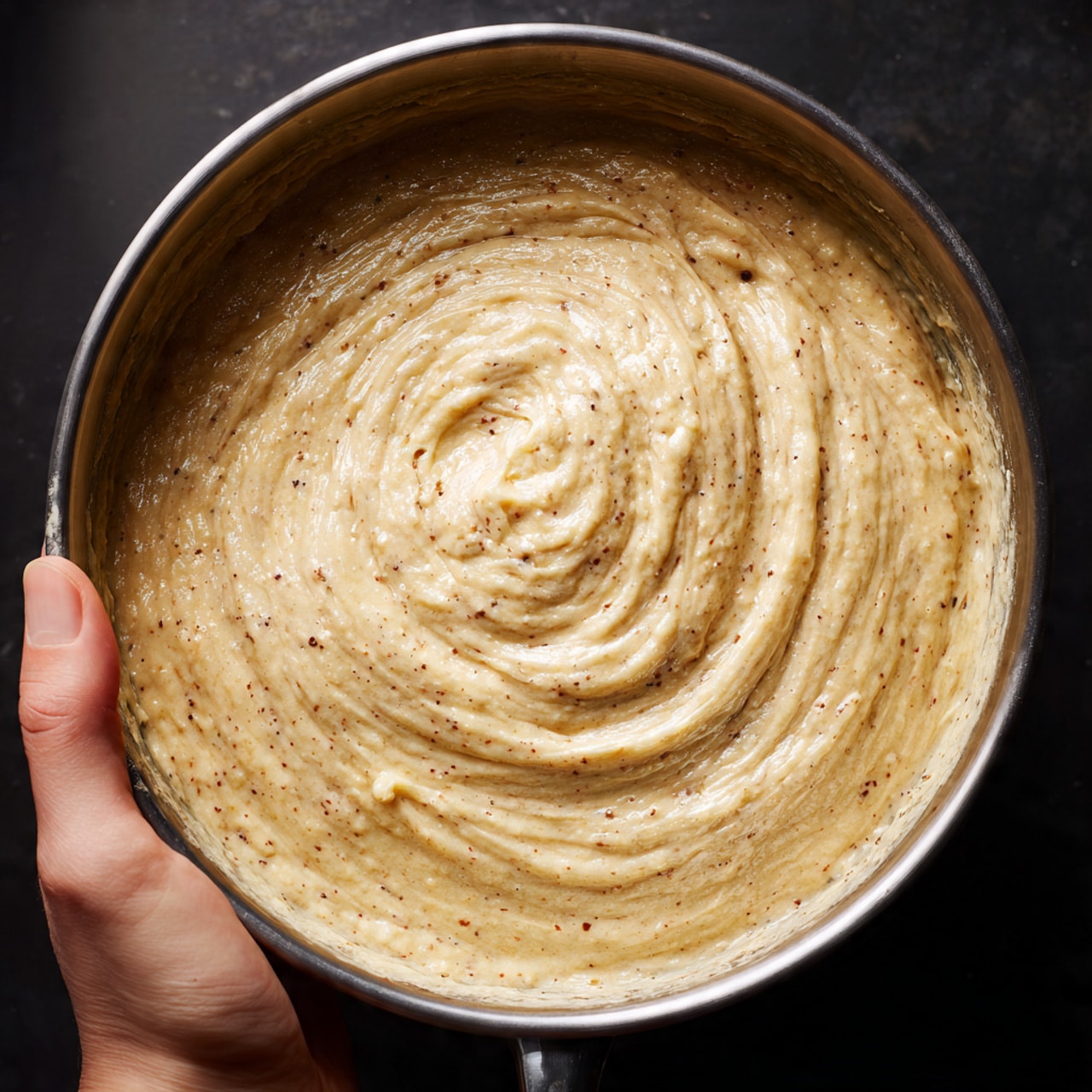 A shiny metal bowl filled with creamy, light brown batter that has a smooth, thick texture with small darker specks spread evenly throughout. The batter is swirled inside the bowl, showing a rich, fluffy consistency with visible ridges and peaks from stirring. The bowl is held by a woman's hand at the handle, and the background is dark, highlighting the creamy mixture and shiny surface of the bowl. photo taken with an iphone --ar 4:5 --v 7