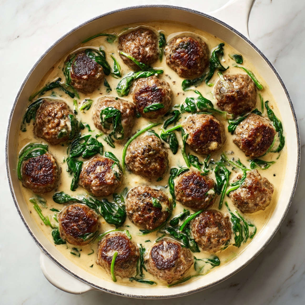 This image shows a pan filled with many browned meatballs sitting in a creamy light beige sauce mixed with wilted bright green spinach leaves. The meatballs are round and well-cooked with a slightly rough texture on the outside, evenly spread over the sauce that has a smooth and thick consistency. The spinach leaves are scattered throughout the sauce, adding a fresh pop of green color. The white pan contrasts with the colors of the food, and the surface beneath the pan is a white marbled texture. photo taken with an iphone --ar 4:5 --v 7