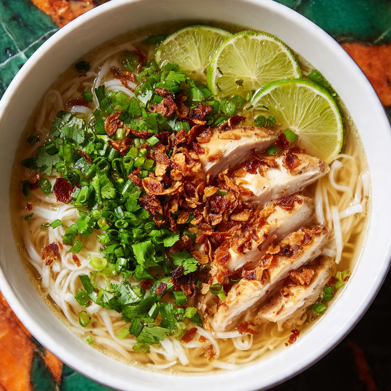 A white bowl filled with clear broth contains thin white noodles at the bottom layer, topped with a layer of light brown cooked chicken slices arranged on one side. The chicken is garnished with small bits of reddish-brown crispy flakes. Bright green chopped spring onions and fresh cilantro leaves cover the chicken and broth, with several light green lime wedges placed near the top edge. The bowl is placed on a white marbled surface with blurred green and orange elements in the background. Photo taken with an iphone --ar 4:5 --v 7