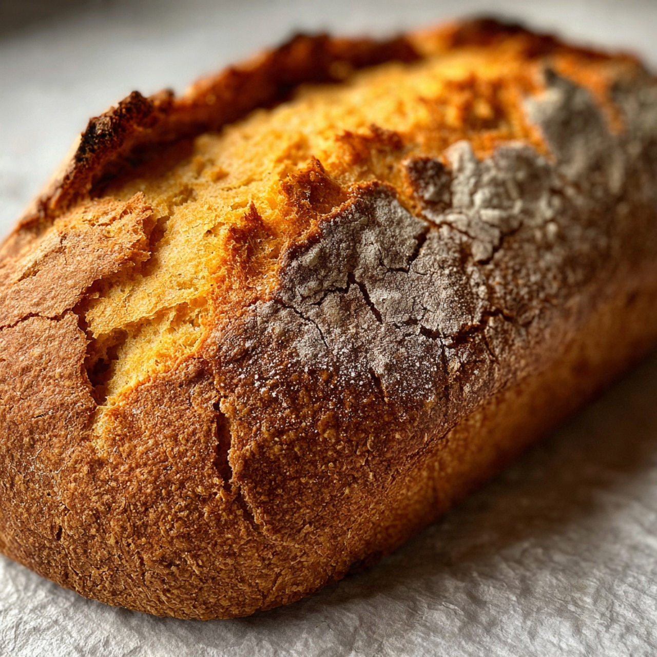 The image shows three thick slices of golden brown pumpkin bread arranged side by side on a piece of parchment paper over a white marbled surface. Each slice has a soft, moist texture with small, even air pockets visible throughout the warm orange inside. The crust is darker brown and slightly crisp, forming a neat edge around the softer middle. The bread appears freshly baked, with crumbs scattered near the base of the slices. Photo taken with an iphone --ar 4:5 --v 7