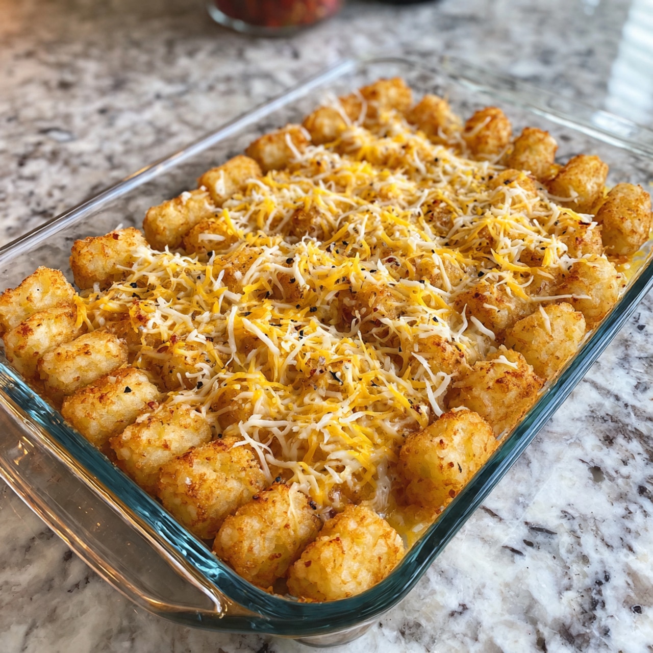 The image shows a clear glass baking dish sitting on a white marbled surface. Inside, there is a thick bottom layer that looks creamy and white, likely a base layer. On top of that, there is a generous layer of mixed shredded cheese in orange and white colors, spread evenly. Small pieces of green garnish, possibly chopped green onions, are scattered on top, adding a fresh pop of color. A woman's hand holds the baked dish from the bottom right corner, gripping the metal handle wrapped in fabric with black, white, and beige stripes. The overall setting is clean and bright. photo taken with an iphone --ar 4:5 --v 7