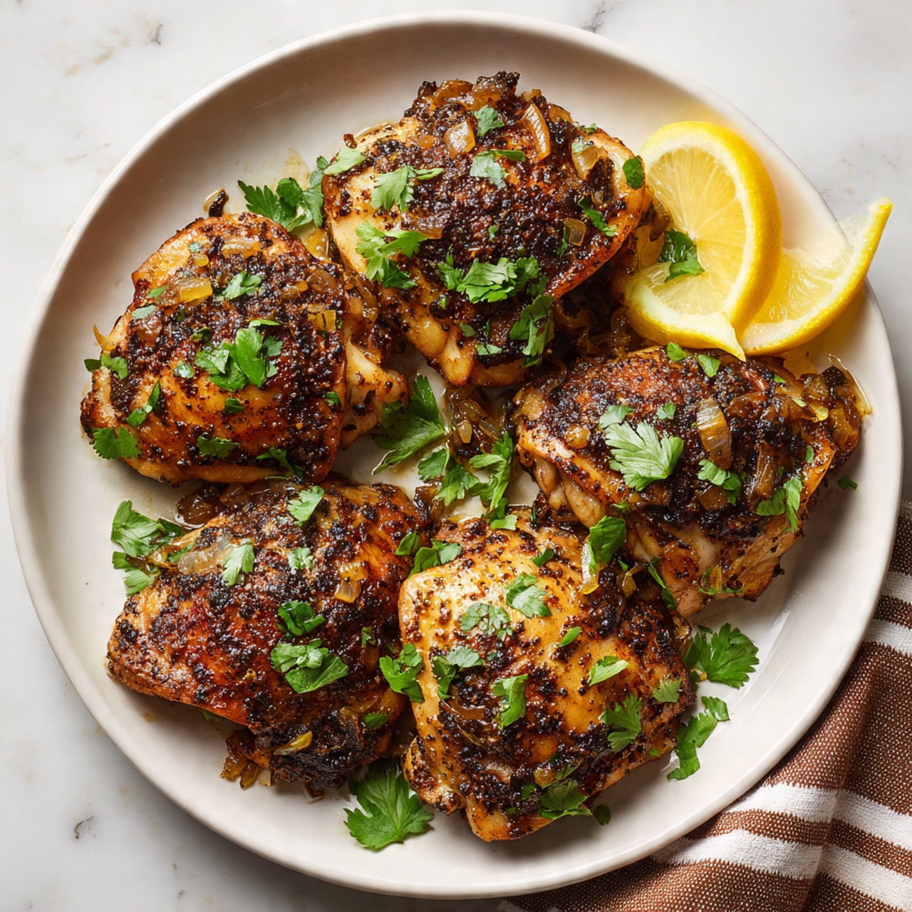 A white round plate holds five pieces of cooked chicken thighs with a browned, seasoned surface showing a mix of dark and lighter brown tones from spices and cooked onions scattered on top. The pieces are layered closely together, some overlapping, with bright green cilantro leaves placed evenly across the chicken for contrast. To the right side of the plate are two lemon wedges, their yellow rind and pale yellow flesh adding a fresh color pop. The plate sits on a white marbled surface, with a small part of a striped brown cloth visible at the edge. Photo taken with an iphone --ar 4:5 --v 7