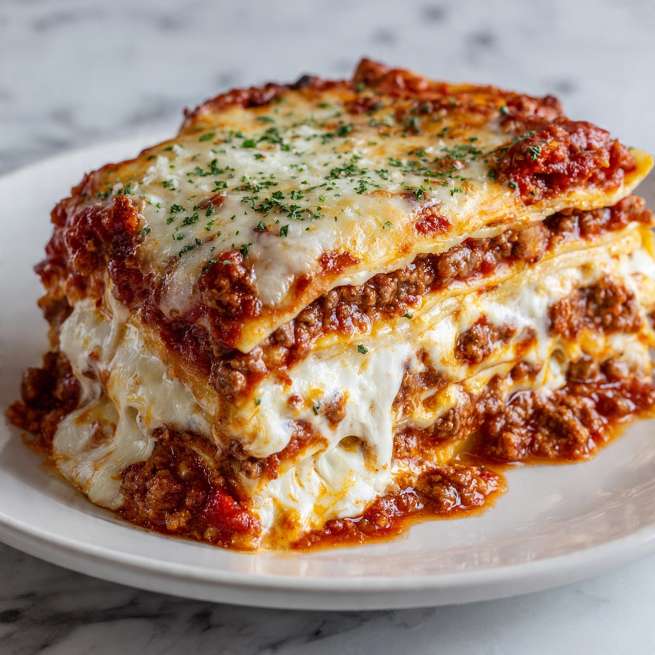 A close-up of a thick slice of lasagna on a white plate, showing five visible layers. Starting from the bottom, there is a layer of pasta sheets soaked in red tomato sauce with ground meat, followed by a thick layer of creamy white cheese. Above that is another pasta sheet layer topped with a chunky red tomato sauce mixed with ground meat. The fourth layer is melted white cheese that stretches slightly as the slice is lifted, and the top layer is browned melted cheese sprinkled with green herbs. The plate rests on a white marbled surface. photo taken with an iphone --ar 4:5 --v 7
