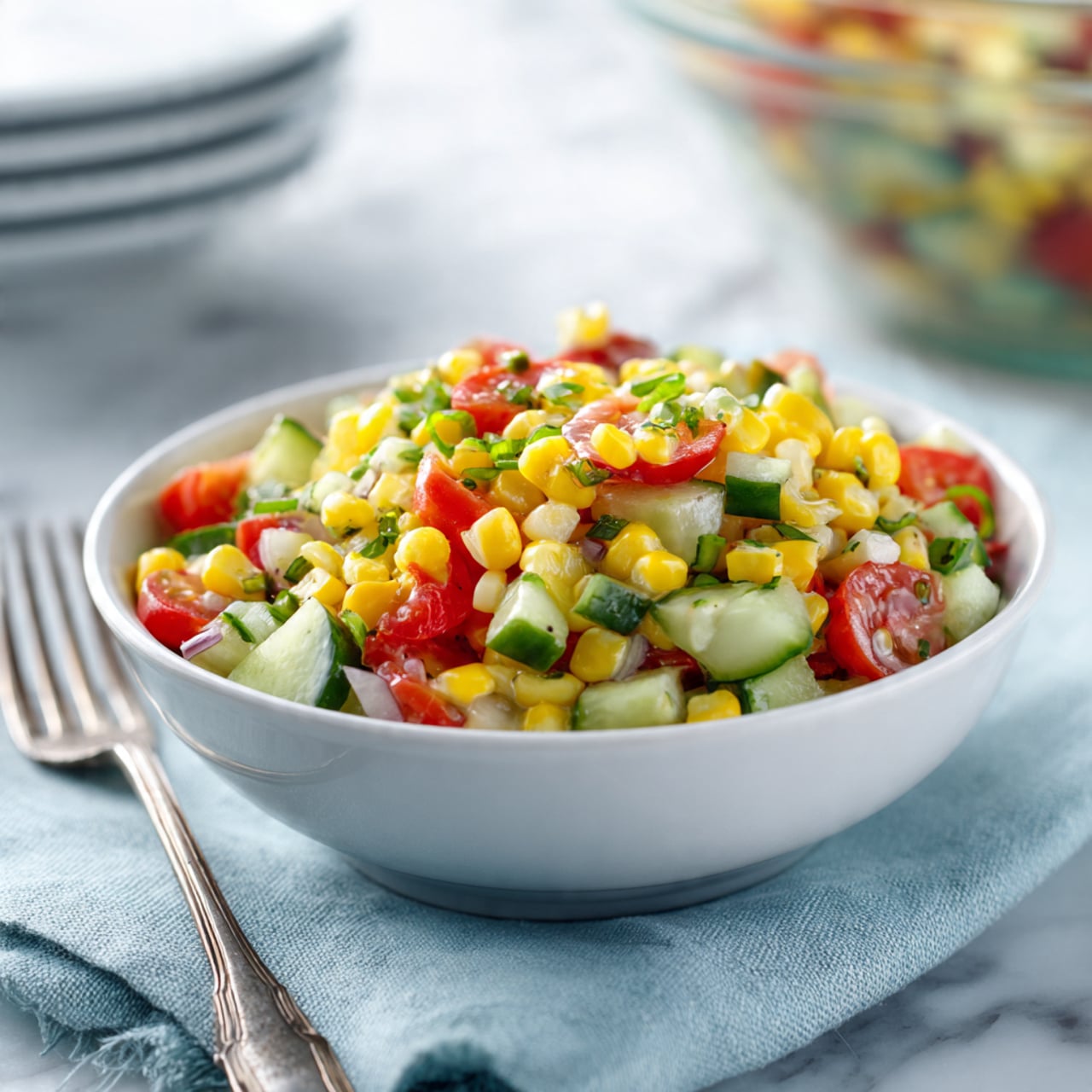 A white bowl filled with a mixed salad made of bright yellow corn kernels, small red tomato pieces, green cucumber chunks, and finely sliced green onions, all mixed together evenly. The bowl sits on a soft blue cloth with a silver fork to its left, and in the blurred background there is a large clear glass bowl with the same salad, plus a stack of white bowls. The setting is on a white marbled texture surface. photo taken with an iphone --ar 4:5 --v 7