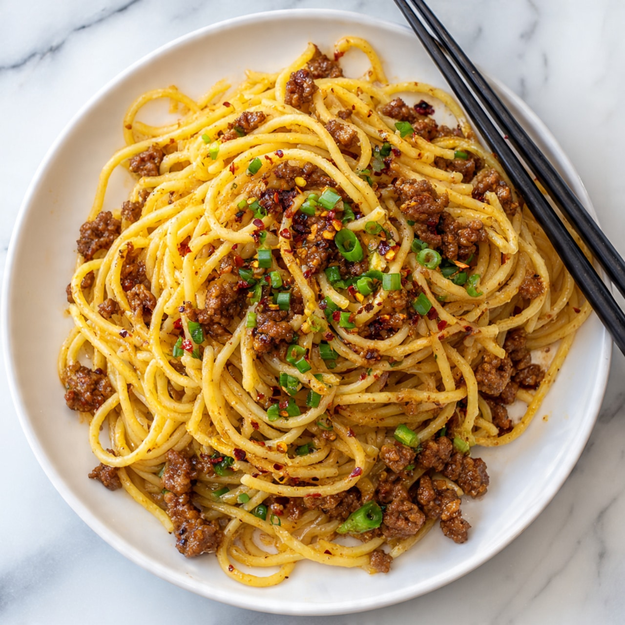This image shows a close-up of a plate with one main layer of spaghetti noodles mixed with small pieces of browned meat and a shiny, oily sauce with red chili flakes. The noodles are light yellow and slightly twisted around black chopsticks on the right side of the plate. Small green chopped onions are scattered on top, adding a fresh green color. The food sits on a round white plate, and the background is a white marbled surface. photo taken with an iphone --ar 4:5 --v 7