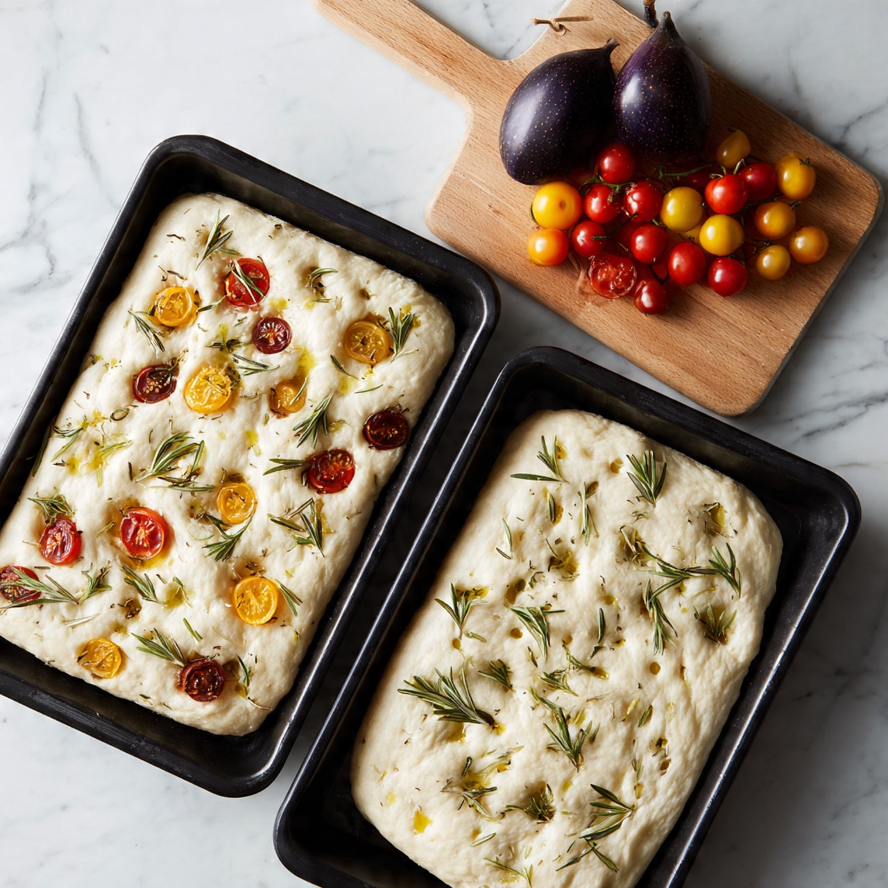 Two rectangular black baking trays sit side by side on a white marbled surface filled with thick, rough-textured white focaccia dough that has dimples across the top. The dough is sprinkled with fresh, green rosemary leaves and drizzled with golden olive oil that pools slightly in some dimples. The left tray's dough also has halved red and golden cherry tomatoes scattered across it, adding bright pops of red, orange, and yellow. Above the trays, a light wooden cutting board holds a round dark purple mangosteen fruit next to a pile of halved red and yellow cherry tomatoes. Photo taken with an iphone --ar 4:5 --v 7