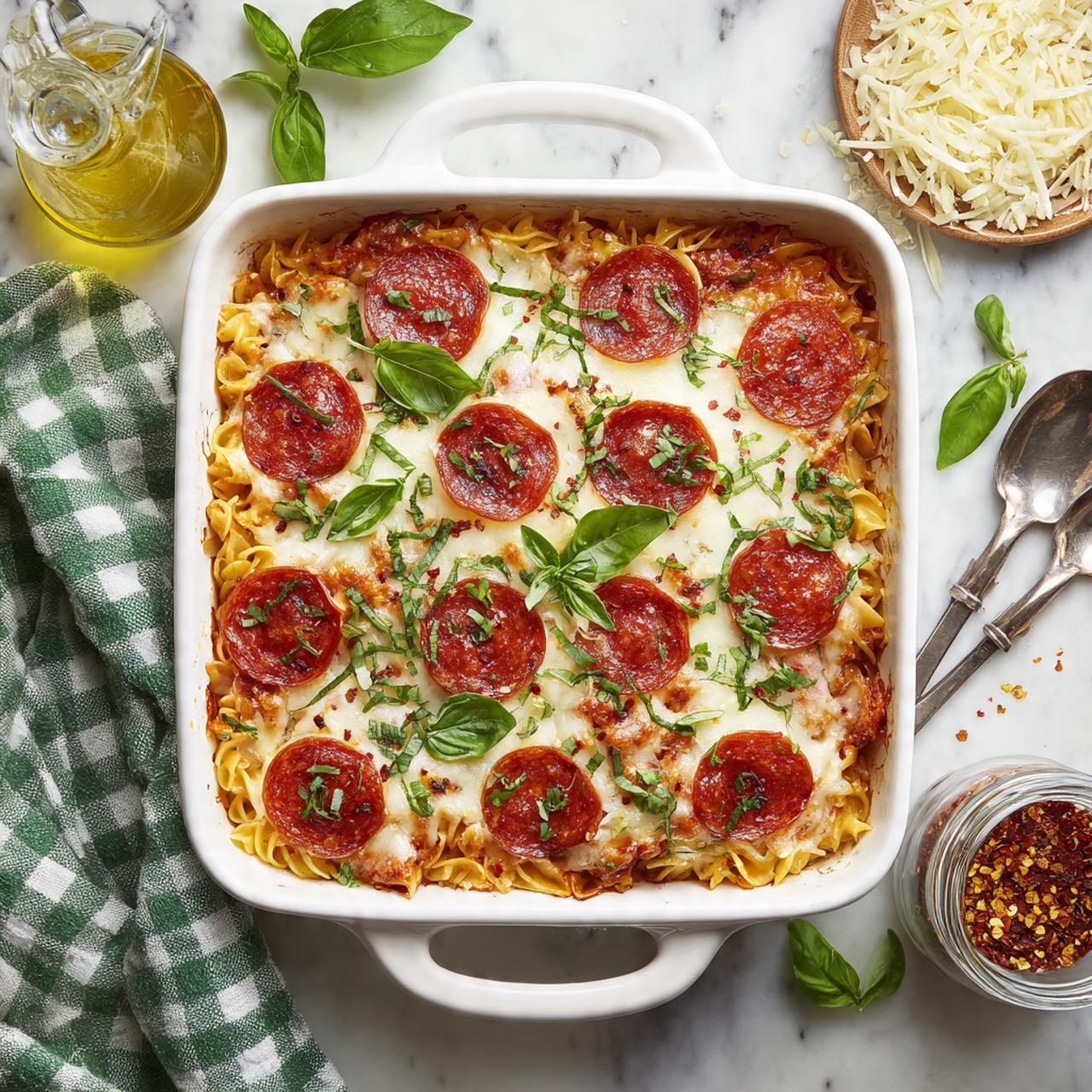 A white square baking dish filled with a pasta bake that has three visible layers: the bottom layer is pasta with a light tomato sauce, the middle layer is melted creamy white cheese, and the top layer is round, reddish-brown pepperoni slices evenly spread across the surface. Bright green fresh basil leaves are scattered on top along with small sprinkles of finely chopped green herbs. The dish sits on a white marbled surface with some scattered shredded cheese, loose basil leaves, a glass jar of red pepper flakes, a glass container of grated cheese, and two spoons nearby. A green and white checkered cloth is folded at the top left corner. Photo taken with an iphone --ar 4:5 --v 7