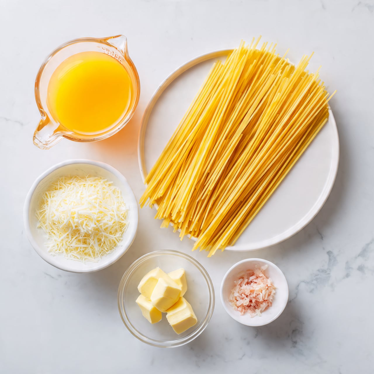 The image shows a top view of ingredients arranged neatly on a white marbled surface. In the center, a white plate holds a bundle of uncooked spaghetti strands, light yellow in color, spread slightly to the right. To the left of the plate, there is a clear glass measuring cup filled with orange-yellow broth. Below the plate is a small white measuring cup filled with finely grated white cheese. To the right of the plate, a clear glass cup contains white cream. Below the cream, a small white bowl holds two light yellow butter scoops and some finely minced pink garlic. The setup is clean and bright with soft natural light. photo taken with an iphone --ar 4:5 --v 7